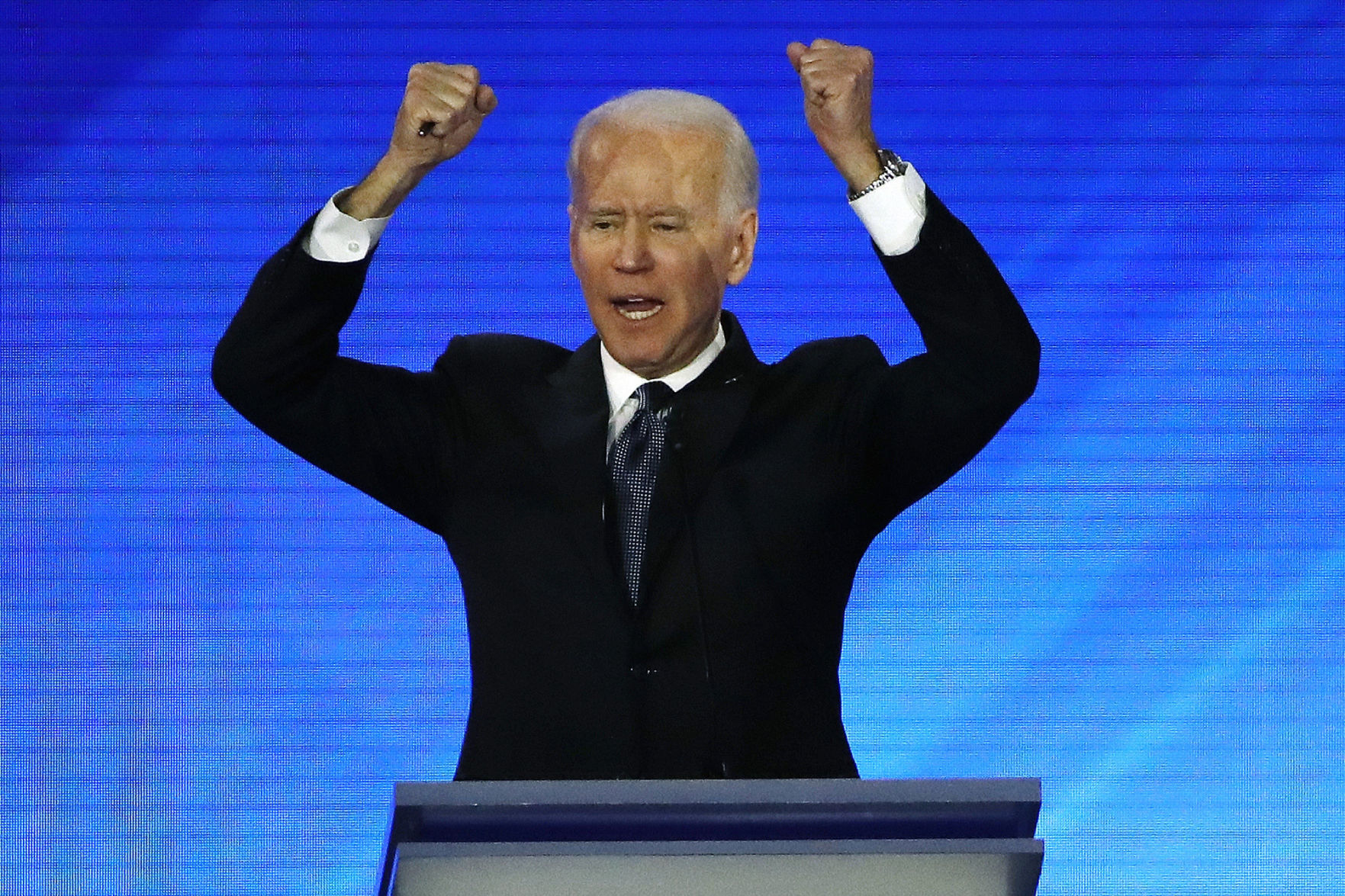 <p>Democratic presidential candidate former Vice President Joe Biden makes a point during a Democratic presidential primary debate, Friday, Feb. 7, 2020, hosted by ABC News, Apple News, and WMUR-TV at Saint Anselm College in Manchester, N.H. (AP Photo/Elise Amendola)</p>