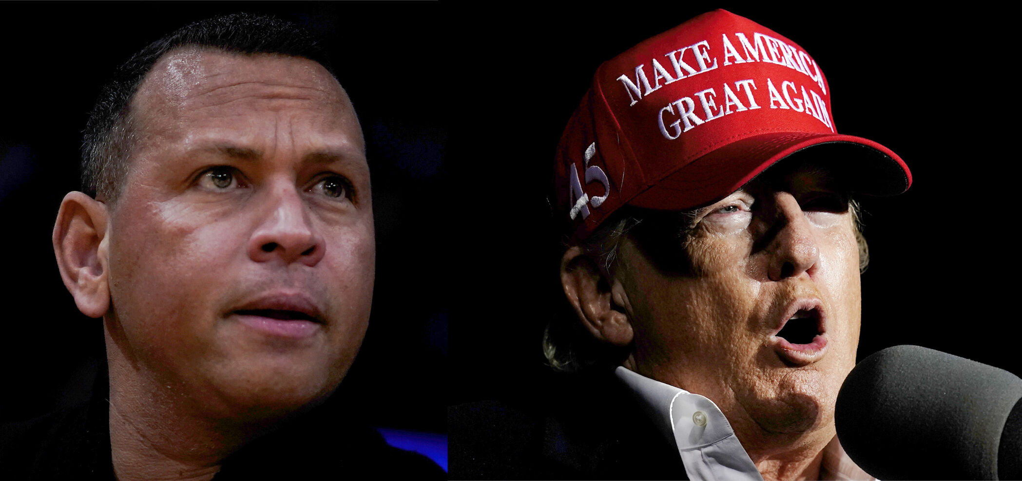 <p>This photo combo shows former slugger Alex Rodriguez, left, and former President Donald Trump. Rodriguez, once vilified by Donald Trump as a “druggie” and “joke” unworthy of wearing the pinstripes, is now a key part of an investment group seeking to buy the rights to the ex-president’s marquee Washington, D.C., hotel, people familiar with the deal told The Associated Press. (AP Photo/Jae C. Hong, Ross D. Franklin)</p>