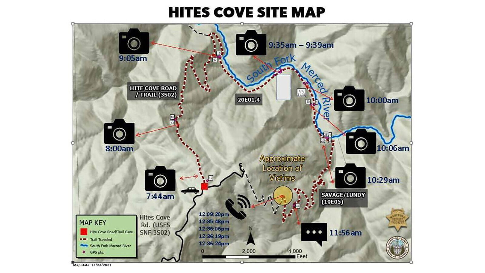 <p>This map from the Mariposa County Sheriff's Office shows cell phone usage from Jonathan Gerrish and Ellen Chung.</p>