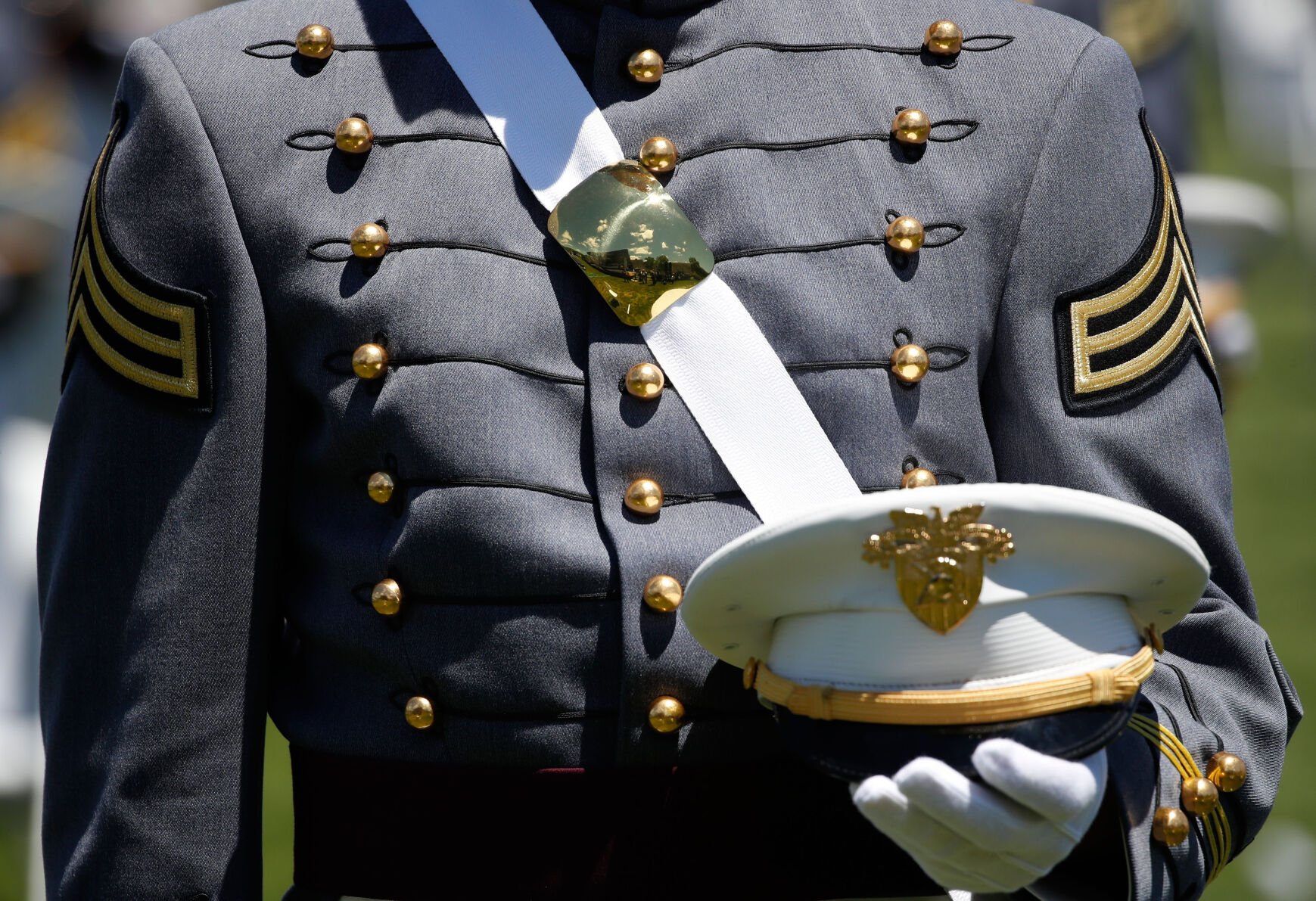 <p>A cadet listens during a commencement ceremony for the Class of 2020 at the United States Military Academy in West Point, N.Y., on June 13, 2020.</p>
