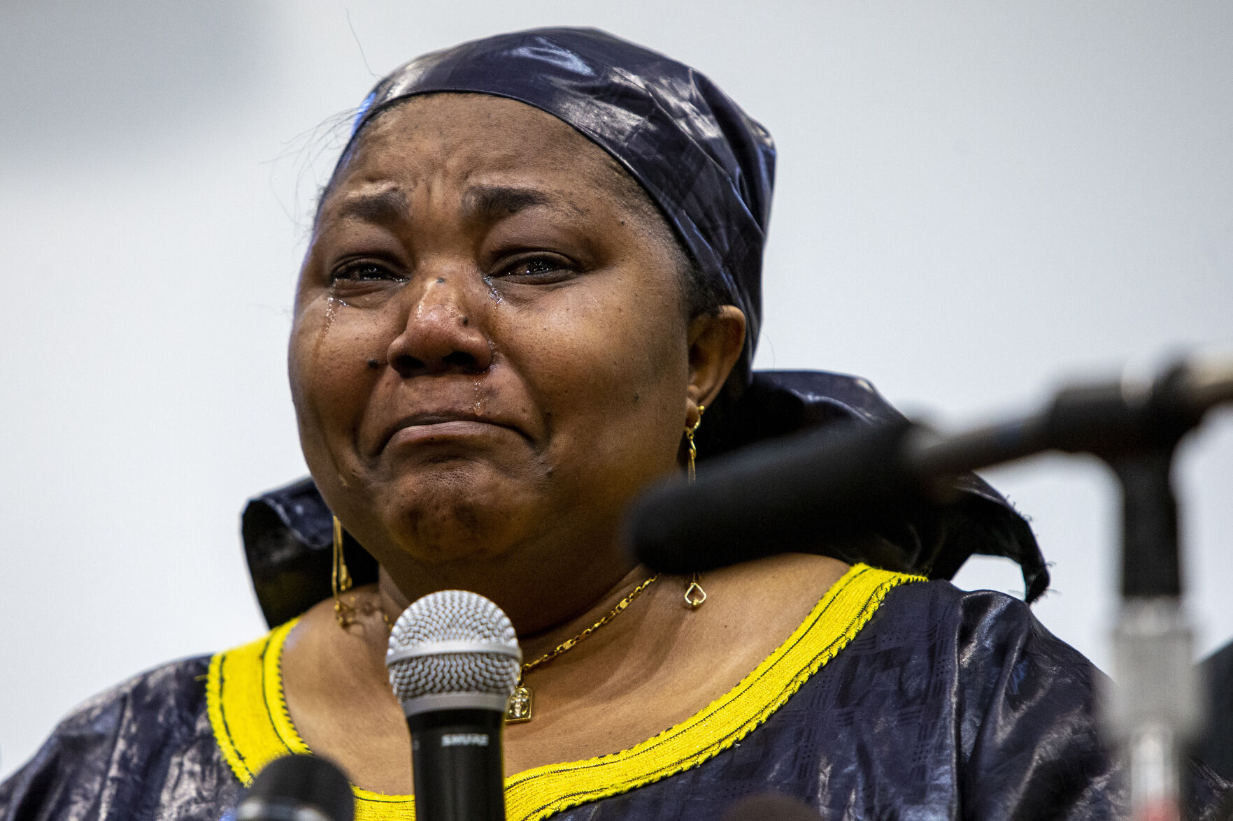 <p>Patrick Lyoya's mother Dorcas Lyoya sheds tears during a news conference at the Renaissance Church of God in Christ Family Life Center in Grand Rapids, Mich. on Thursday, April 14, 2022. </p>