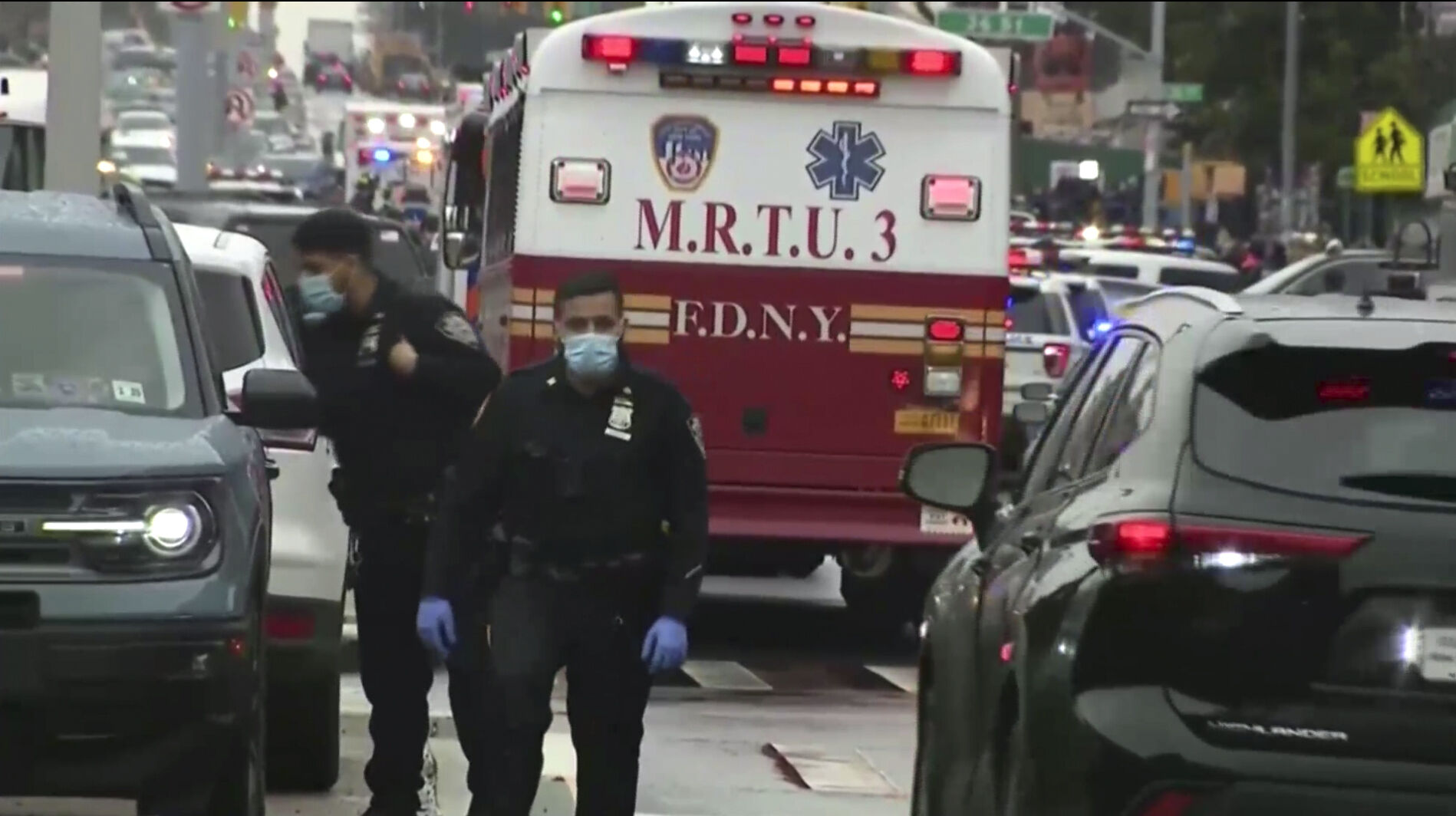 <p>This still image provided by WABC shows law enforcement gathering at the scene of a shooting in the Brooklyn borough of New York on Tuesday, April 12, 2022. Law enforcement sources say five people were shot.</p>