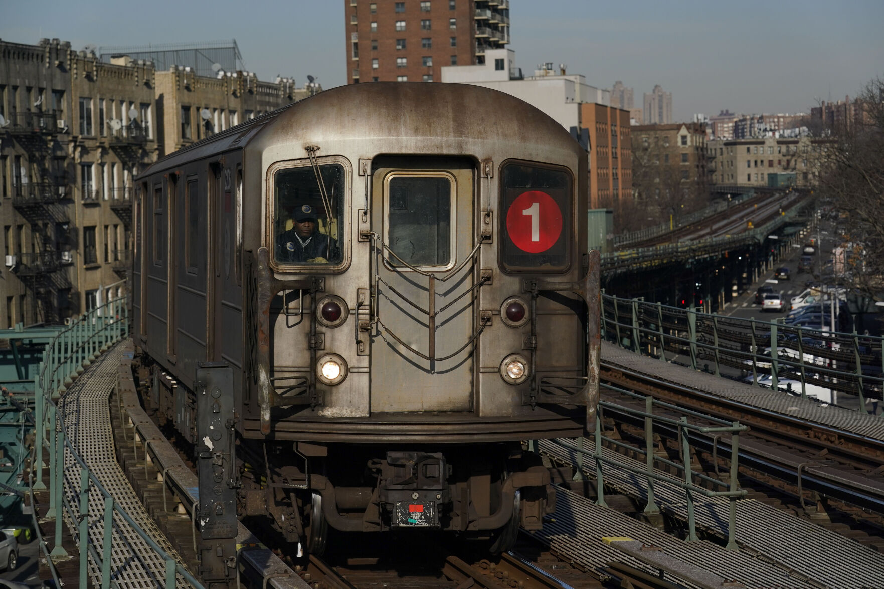 <p>A subway train pulls into a station in New York, Monday, Feb. 21, 2022. (AP Photo/Seth Wenig)</p>