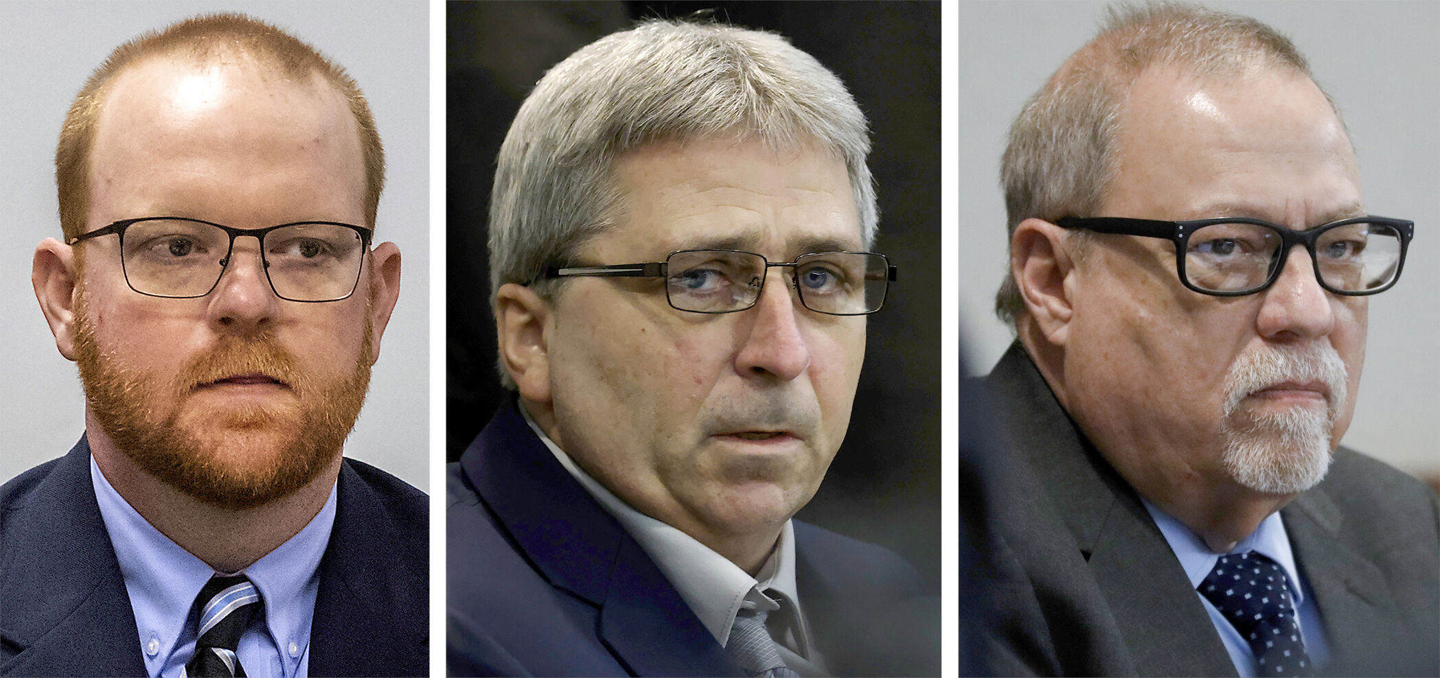 <p>This photo combo shows, from left to right, Travis McMichael, William "Roddie" Bryan, and Gregory McMichael during their trial at at the Glynn County Courthouse in Brunswick, Ga.</p>