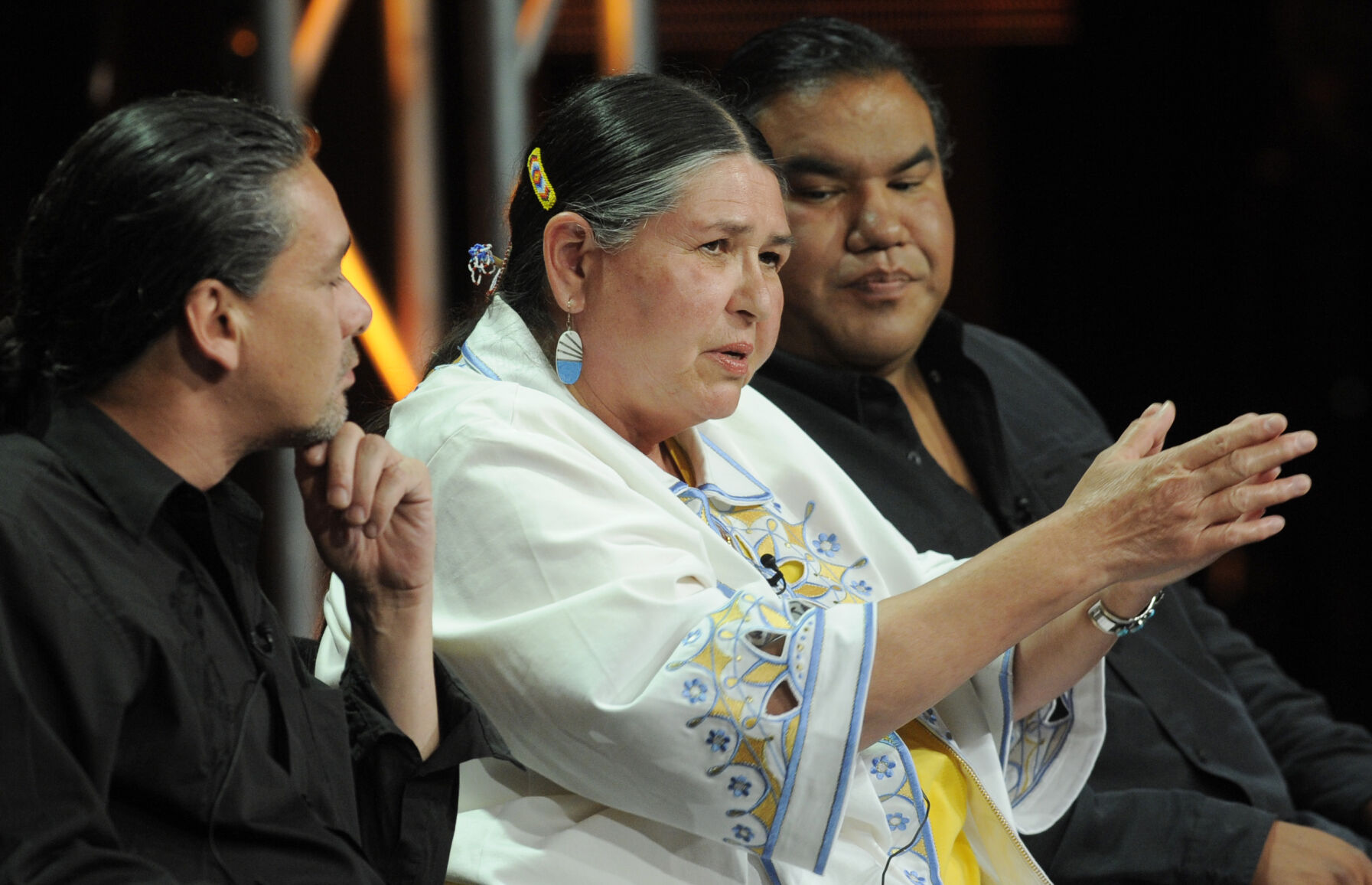 <p>Activist and actress Sacheen Littlefeather, a subject of the PBS special "Reel Injun," participates in a panel discussion about the show with directors Neil Diamond, left, and Chris Eyre at the PBS Television Critics Association summer press tour in Beverly Hills, Calif., Thursday, Aug. 5, 2010. (AP Photo/Chris Pizzello)</p>