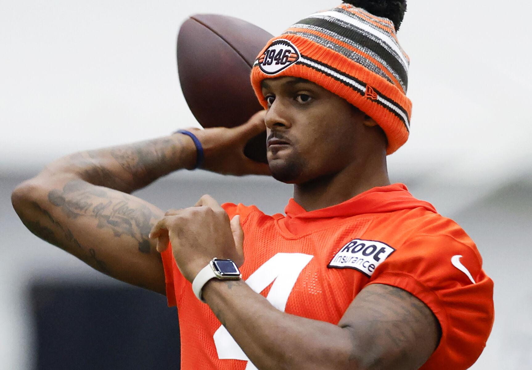 <p>Cleveland Browns quarterback Deshaun Watson throws a pass during the NFL football team's training camp, in Berea, Ohio, Wednesday, July 27, 2022, as a wait for a decision on potential discipline for Watson following accusations of sexual misconduct will continue into another week. </p>
