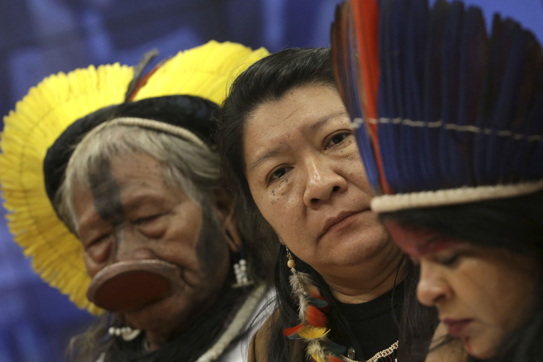 <p>From left, Kayapo leader Raoni Metuktire, Joenia Wapichana, the first indigenous congresswoman to be elected to Brazil's lower house, and indigenous leader Sonia Guajajara, attend a meeting with lawmakers to discuss land rights and the Chamber of Deputies' role in the protection of the environment April 25, 2019, in Brasilia, Brazil.</p>