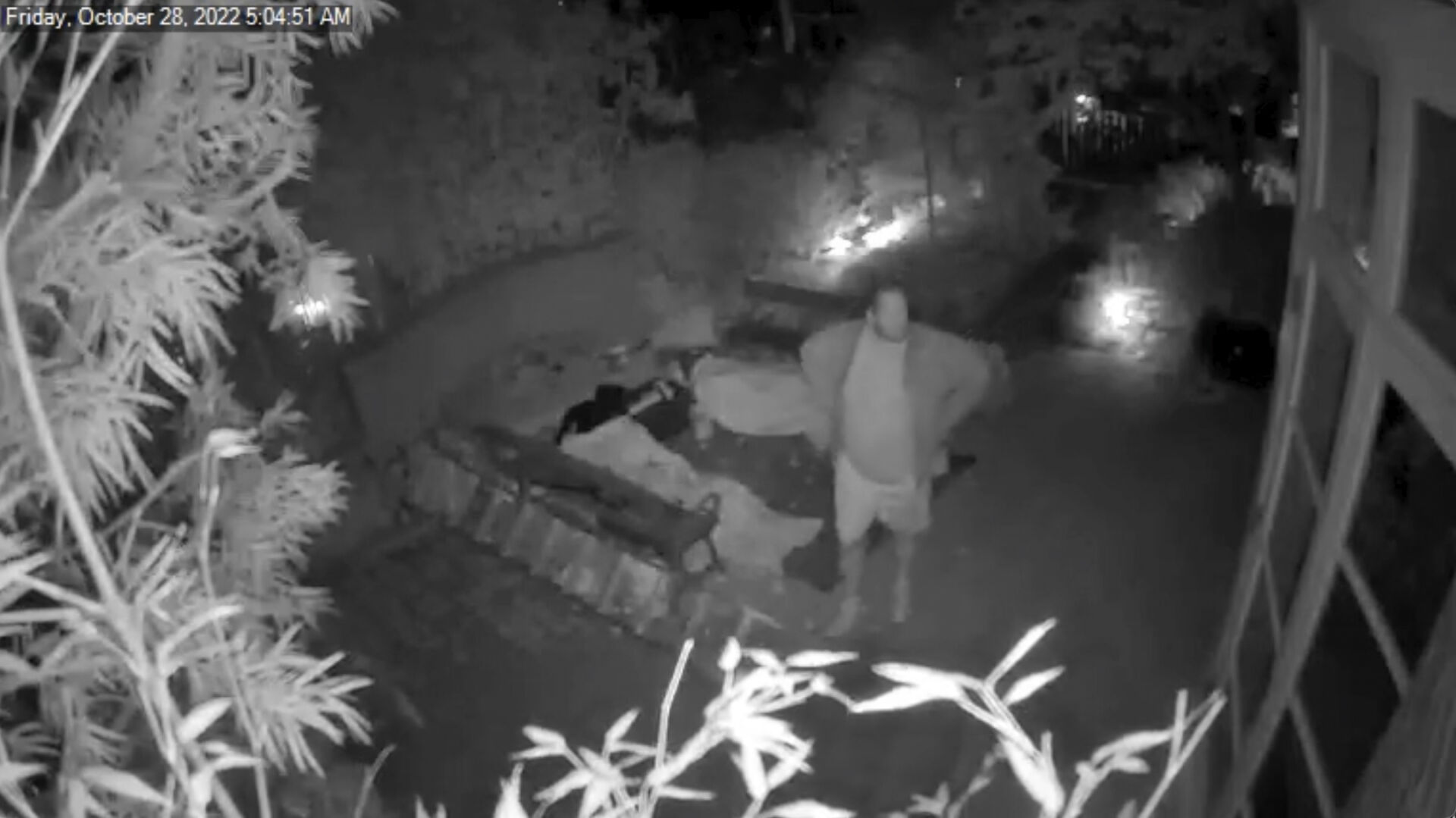 <p>In this image taken from United States Capitol Police surveillance video, David DePape stands outside the home of former U.S. House Speaker Nancy Pelosi and her husband Paul Pelosi in San Francisco, Oct. 28, 2022. </p>