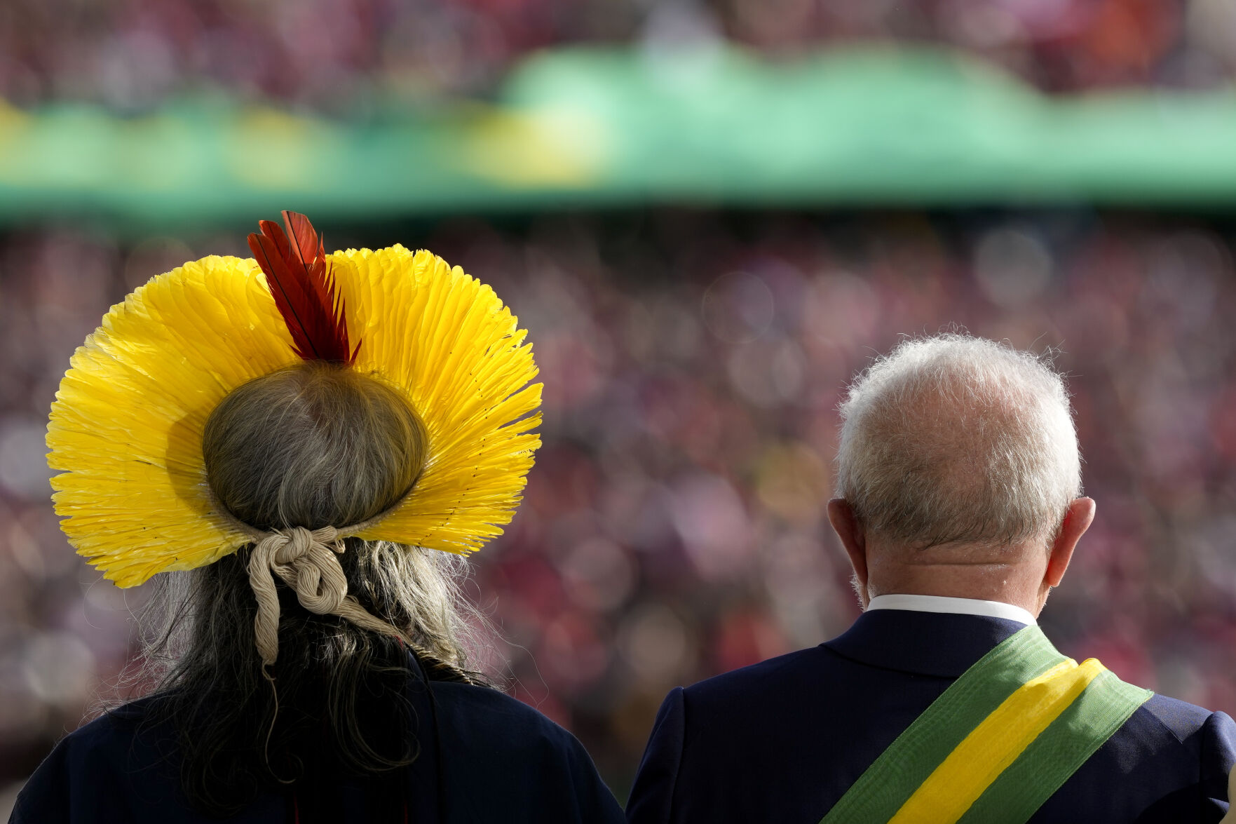 <p>Luiz Inacio Lula da Silva stands next to Indigenous leader Cacique Raoni at the Planalto Palace after he was sworn in as new president Jan. 1 in Brasilia, Brazil.</p>