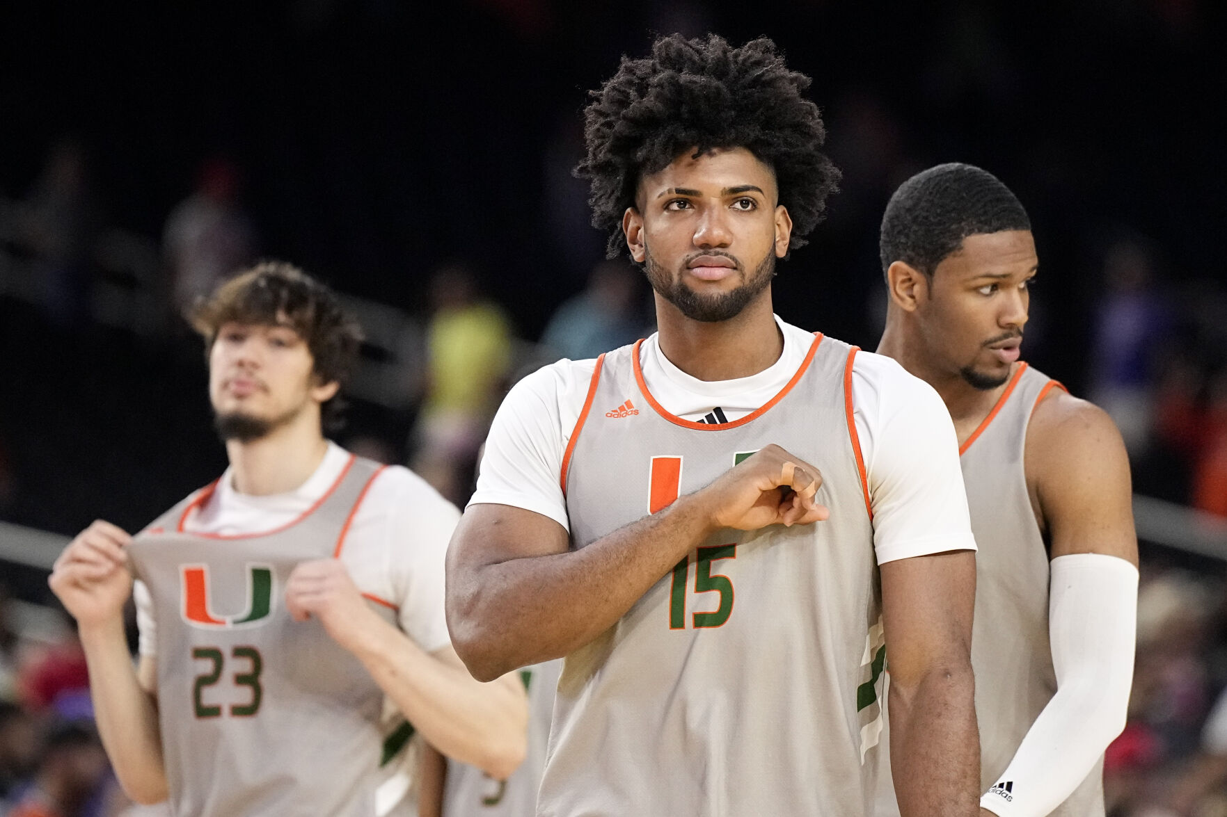 <p>Miami forward Norchad Omier gestures during Friday's practice for the Final Four in Houston.</p>