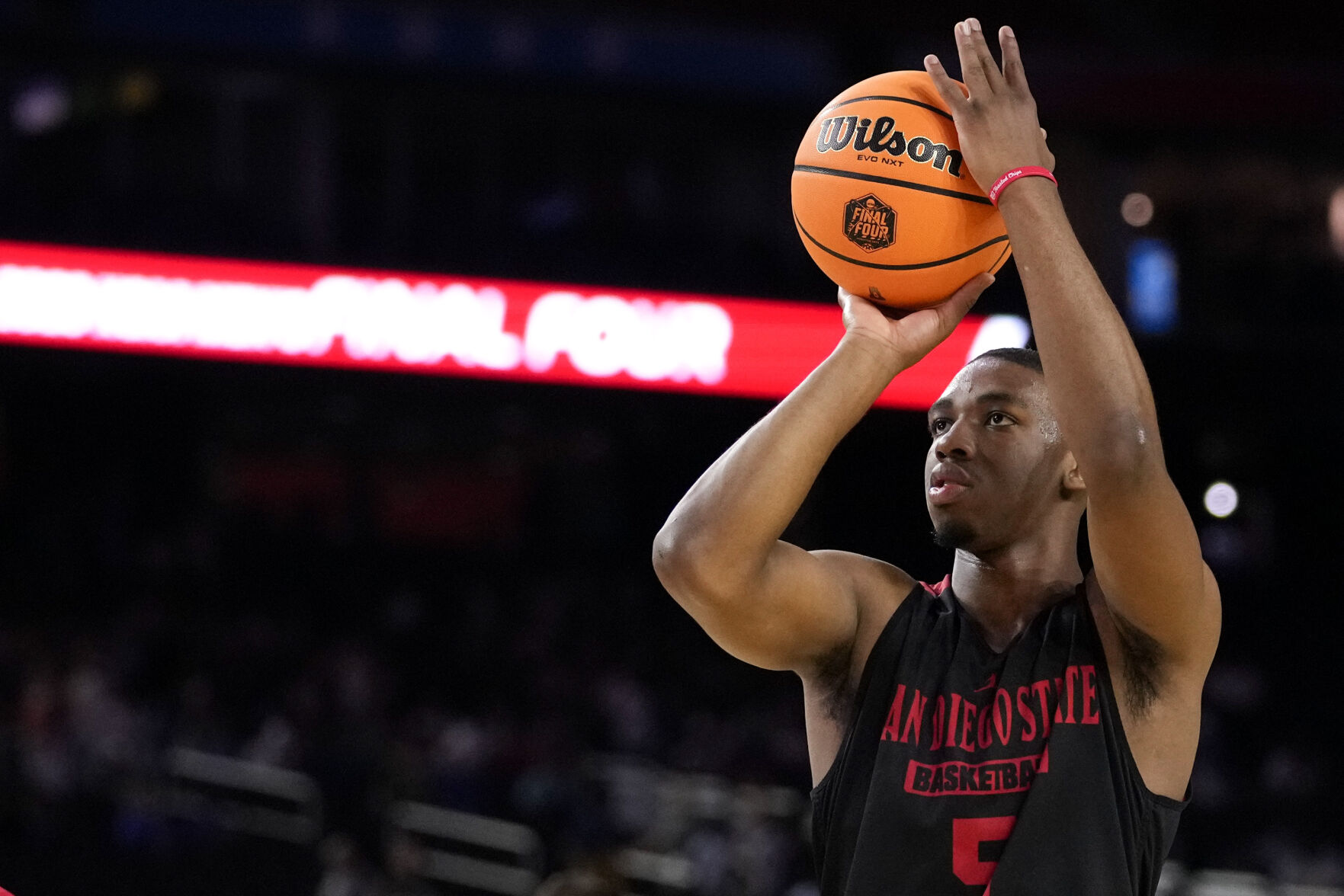 <p>San Diego State guard Lamont Butler practices for his team's Final Four game Friday in Houston.</p>