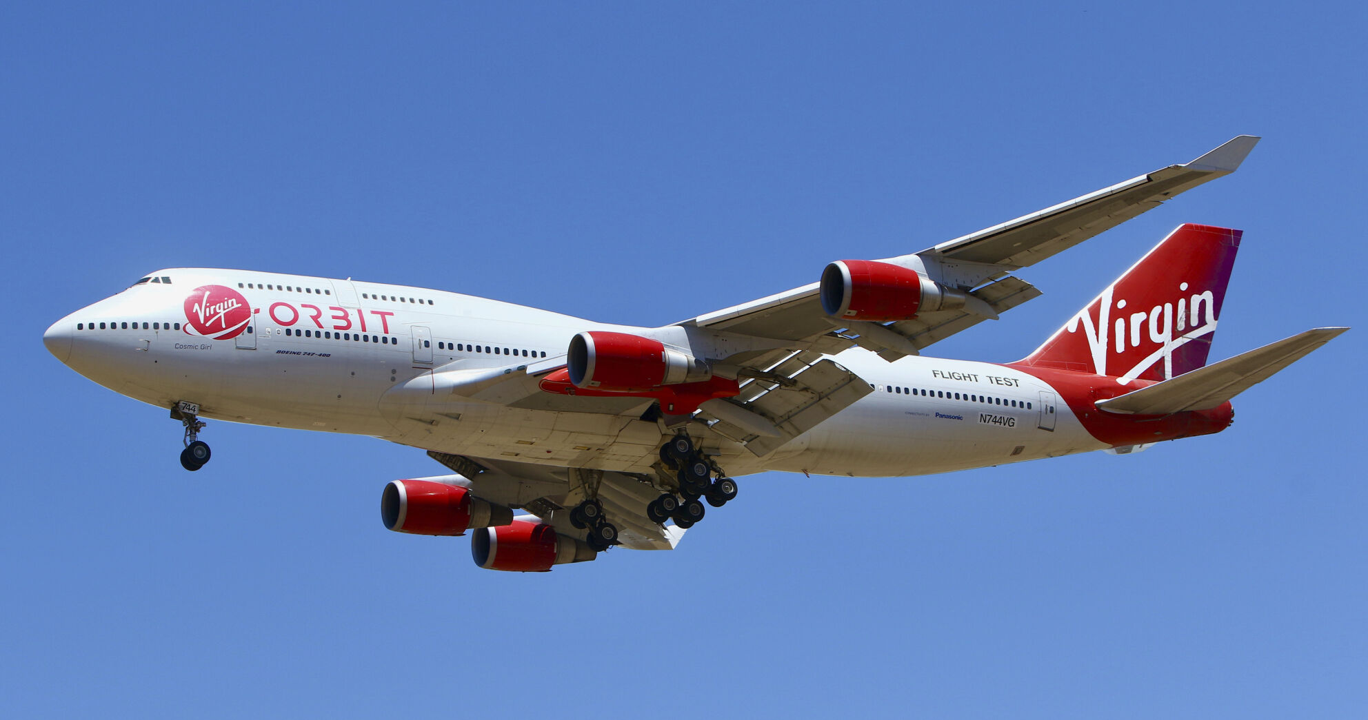 <p>A Virgin Orbit Boeing 747-400 aircraft named Cosmic Girl prepares to land back at Mojave Air and Space Port in the desert north of Los Angeles in 2020.</p>