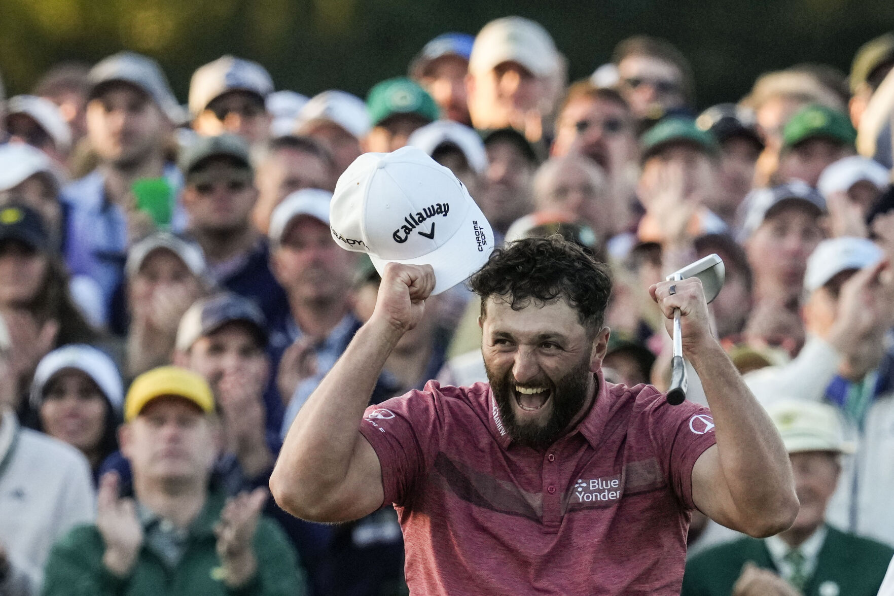 <p>Jon Rahm celebrates on the 18th green after winning the Masters on Sunday at Augusta National Golf Club in Augusta, Ga.</p>