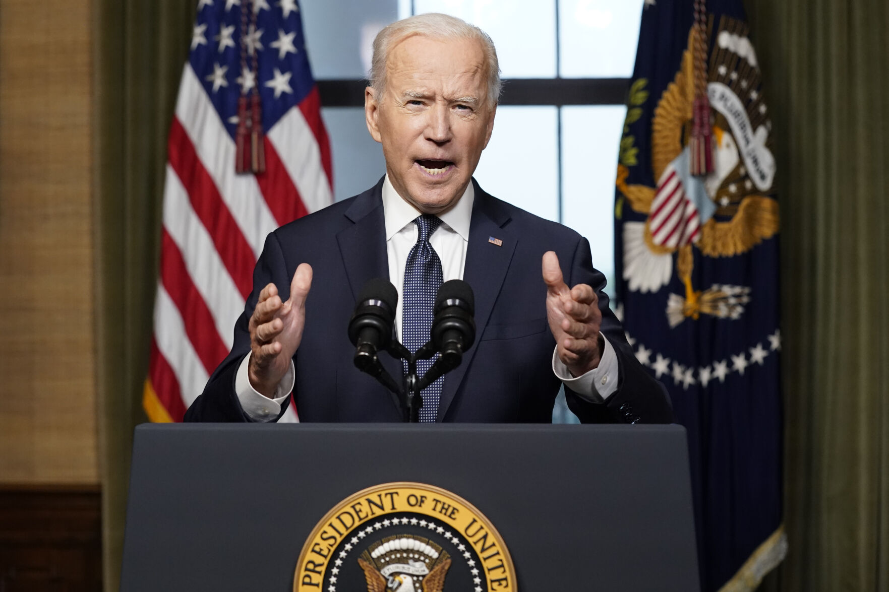 <p>FILE - President Joe Biden speaks from the Treaty Room in the White House on April 14, 2021, about the withdrawal of the remainder of U.S. troops from Afghanistan. </p>