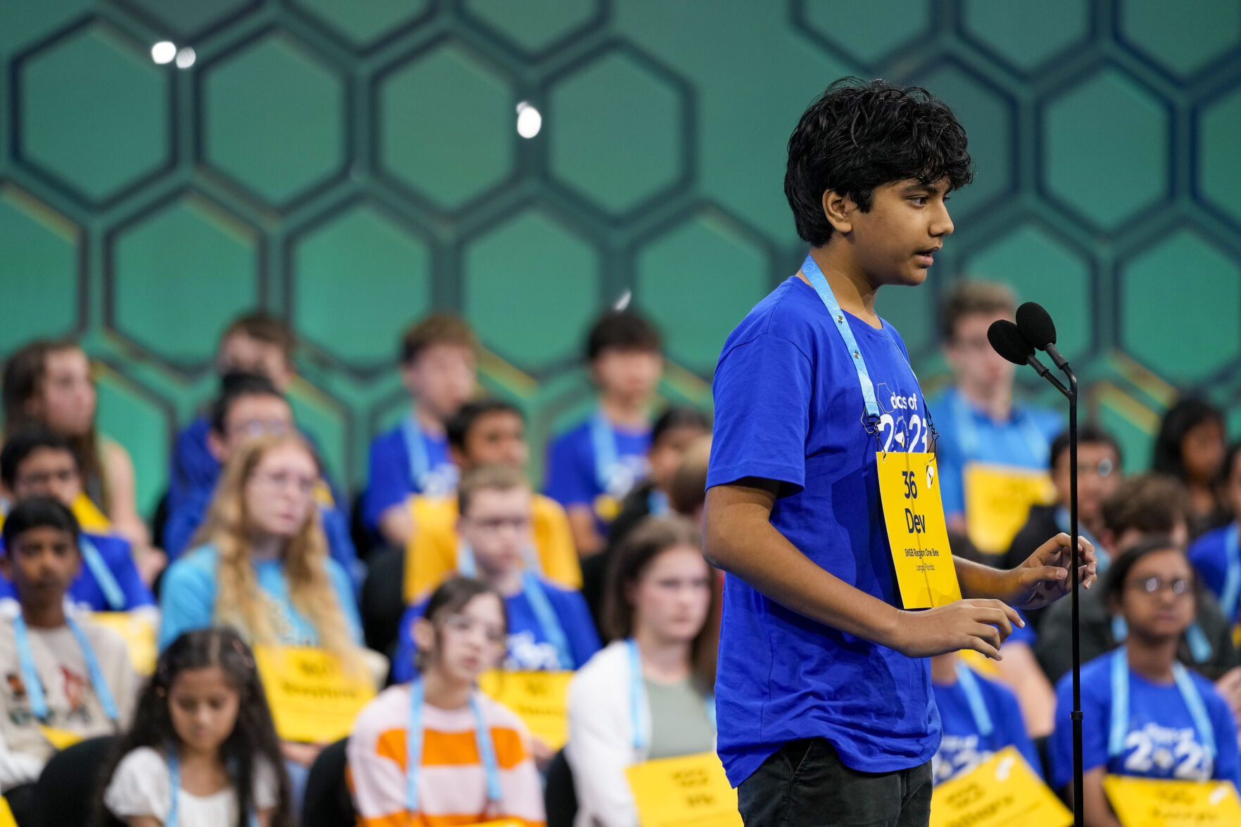 <p>Dev Shah, 14, from Largo, Fla., competes during the Scripps National Spelling Bee on Wednesday in Oxon Hill, Md. </p>
