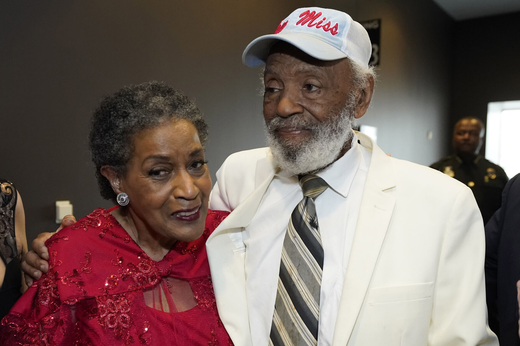 <p>Myrlie Evers-Williams, civil rights leader and widow of slain civil rights icon Medgar Evers, left, greets political activist and writer James Meredith at The Medgar and Myrlie Evers Institute Courage and Justice Gala, commemorating the 60th anniversary of the 1963 assassination of Medgar Evers on Friday in Jackson, Miss. </p>