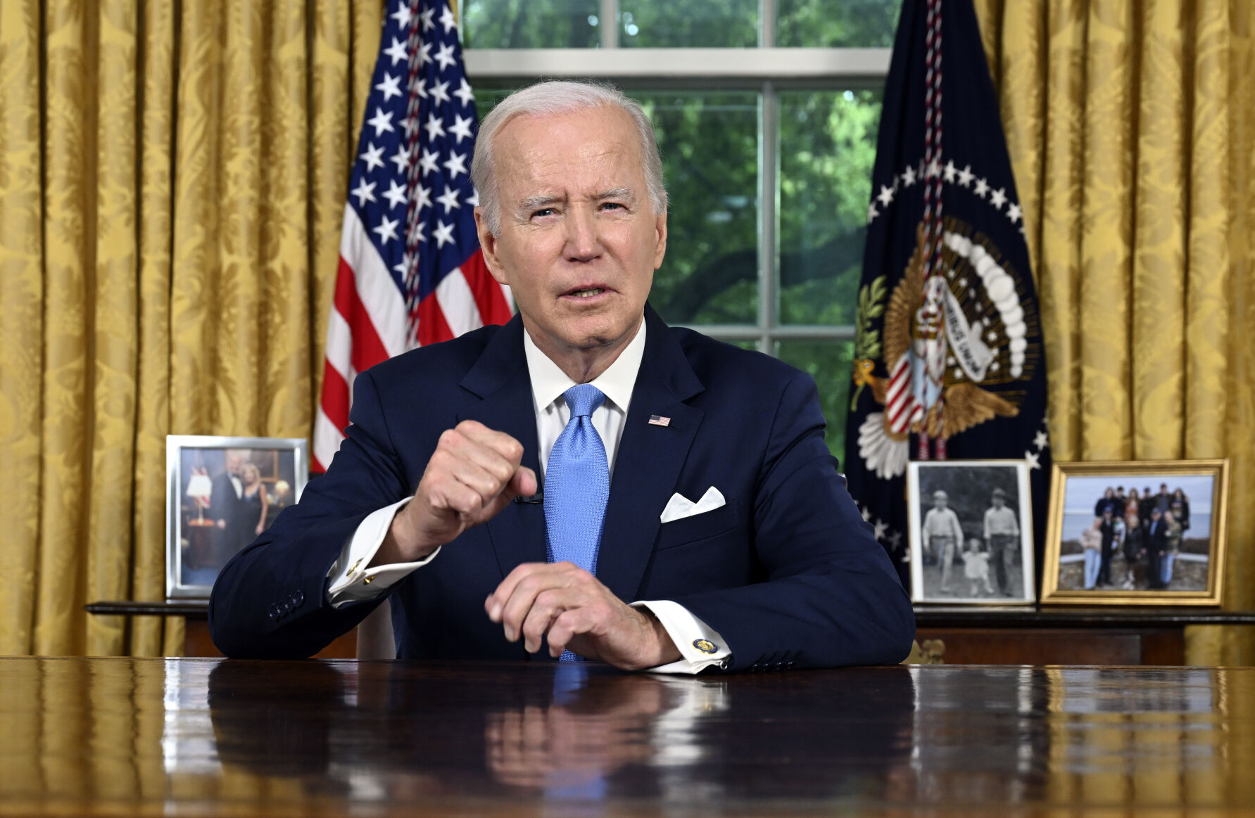 <p>President Joe Biden addresses the nation on the budget deal that lifts the federal debt limit and averts a U.S. government default, from the Oval Office of the White House in Washington, Friday, June 2, 2023. (Jim Watson/Pool via AP)</p>