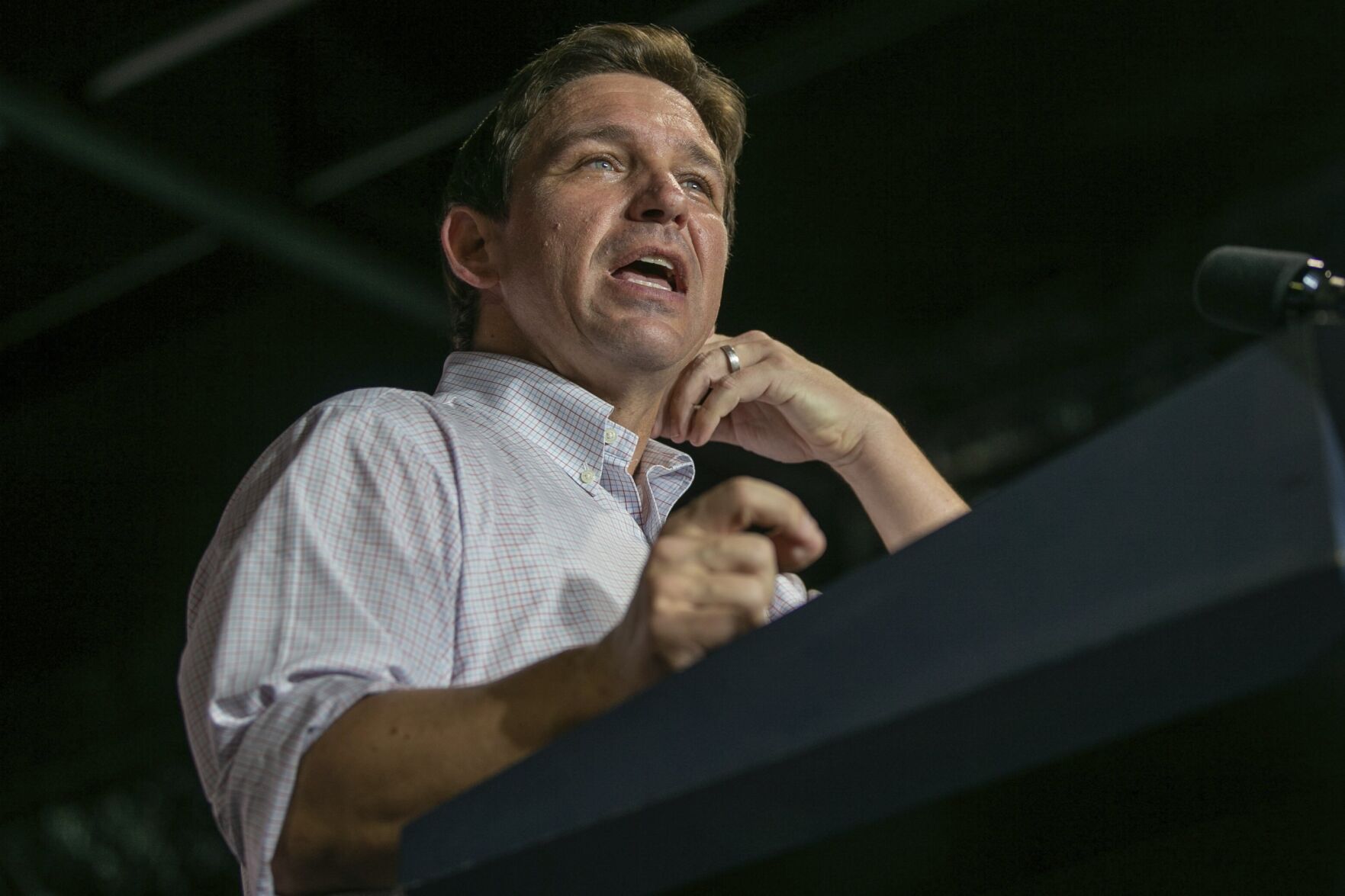 <p>Republican presidential candidate Florida Gov. Ron DeSantis addresses supporters at the Never Back Down event inside the F & E Event Center on Saturday in Tulsa, Okla.</p>