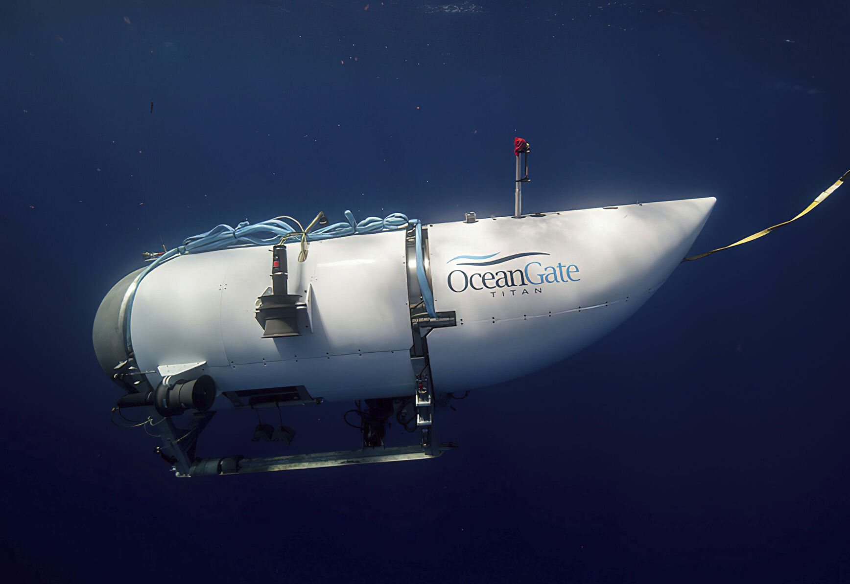 <p>This photo provided by OceanGate Expeditions shows a submersible vessel named Titan used to visit the wreckage site of the Titanic. In a race against the clock on the high seas, an expanding international armada of ships and airplanes searched Tuesday, June 20, 2023, for the submersible that vanished in the North Atlantic while taking five people down to the wreck of the Titanic. (OceanGate Expeditions via AP)</p>