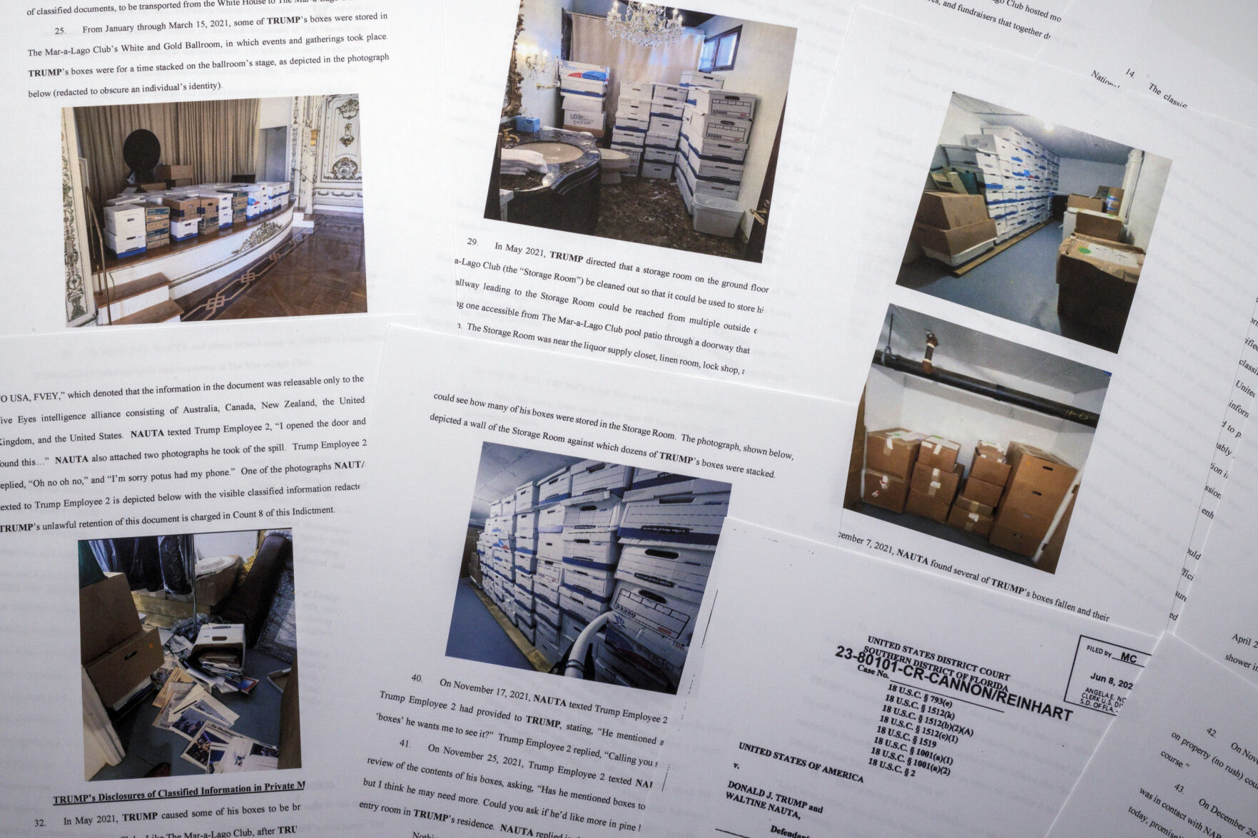 <p>The indictment against former President Donald Trump includes multiple photos of sensitive documents that were allegedly <span>improperly stored in his Florida estate.</span></p>