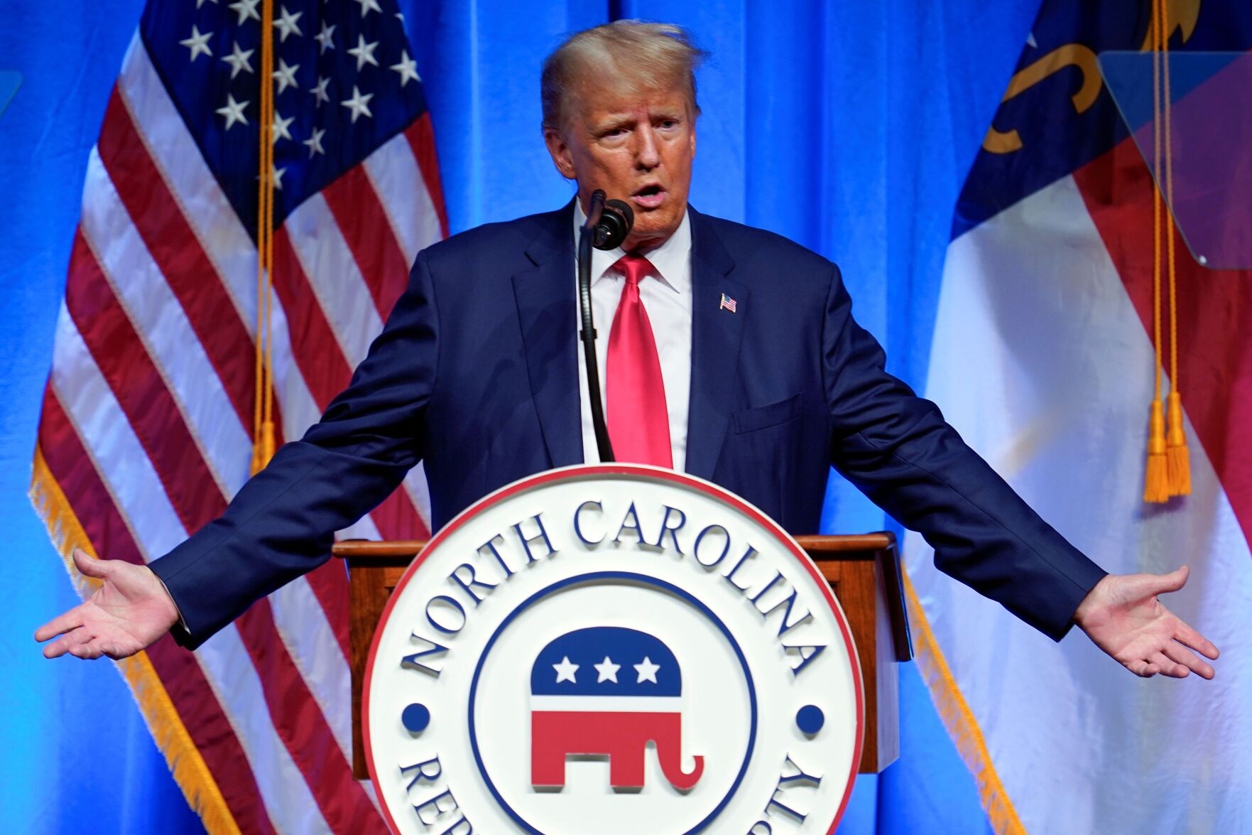 <p>Former President Donald Trump delivers a speech during the North Carolina Republican Party Convention on Saturday in Greensboro, N.C.</p>