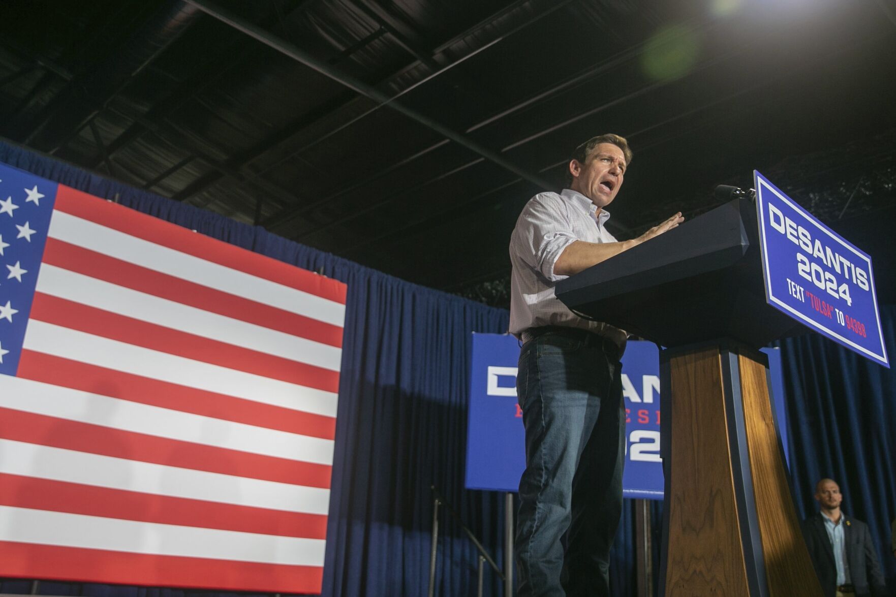 <p>Republican presidential candidate Florida Gov. Ron DeSantis speaks to a crowd of supporters at the Never Back Down event inside the F & E Event Center on Saturday in Tulsa, Okla.</p>
