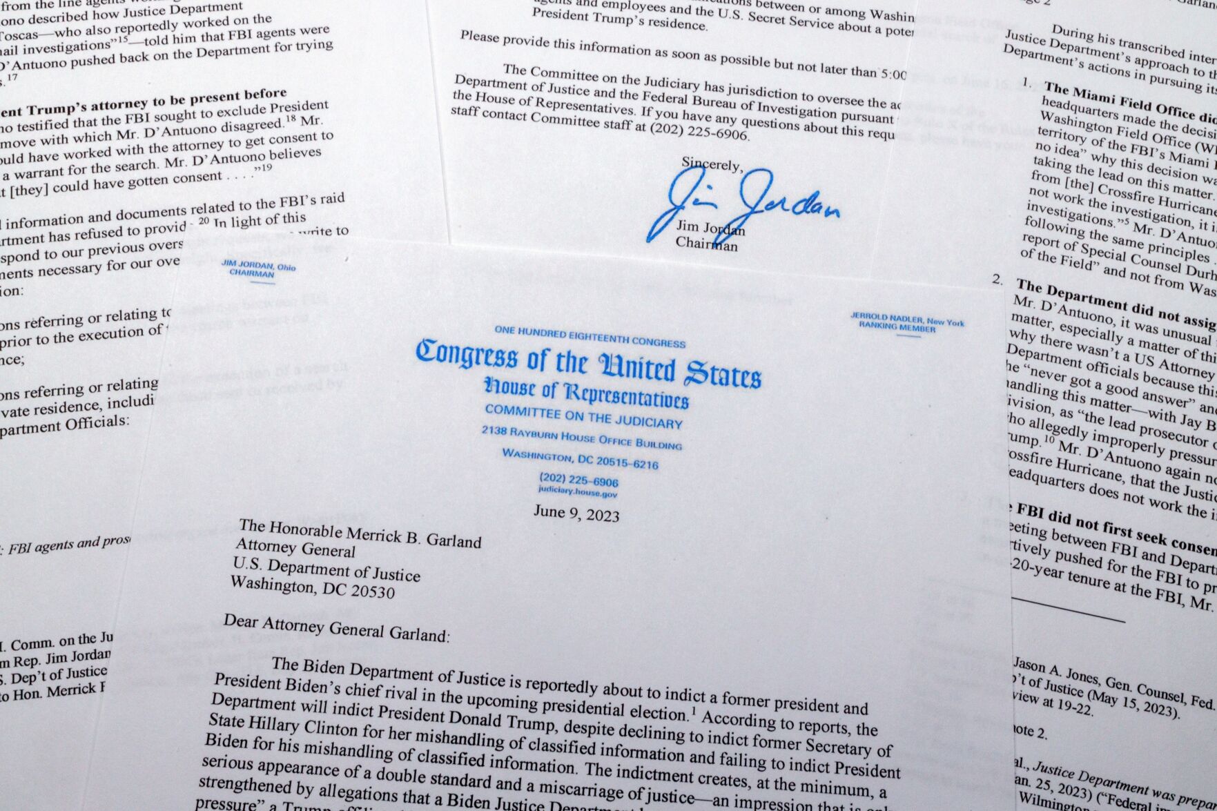 <p>A letter that House Judiciary Committee Chairman Jim Jordan, of Ohio, wrote on Friday to Attorney General Merrick Garland is photographed in Frederick, Md. </p>