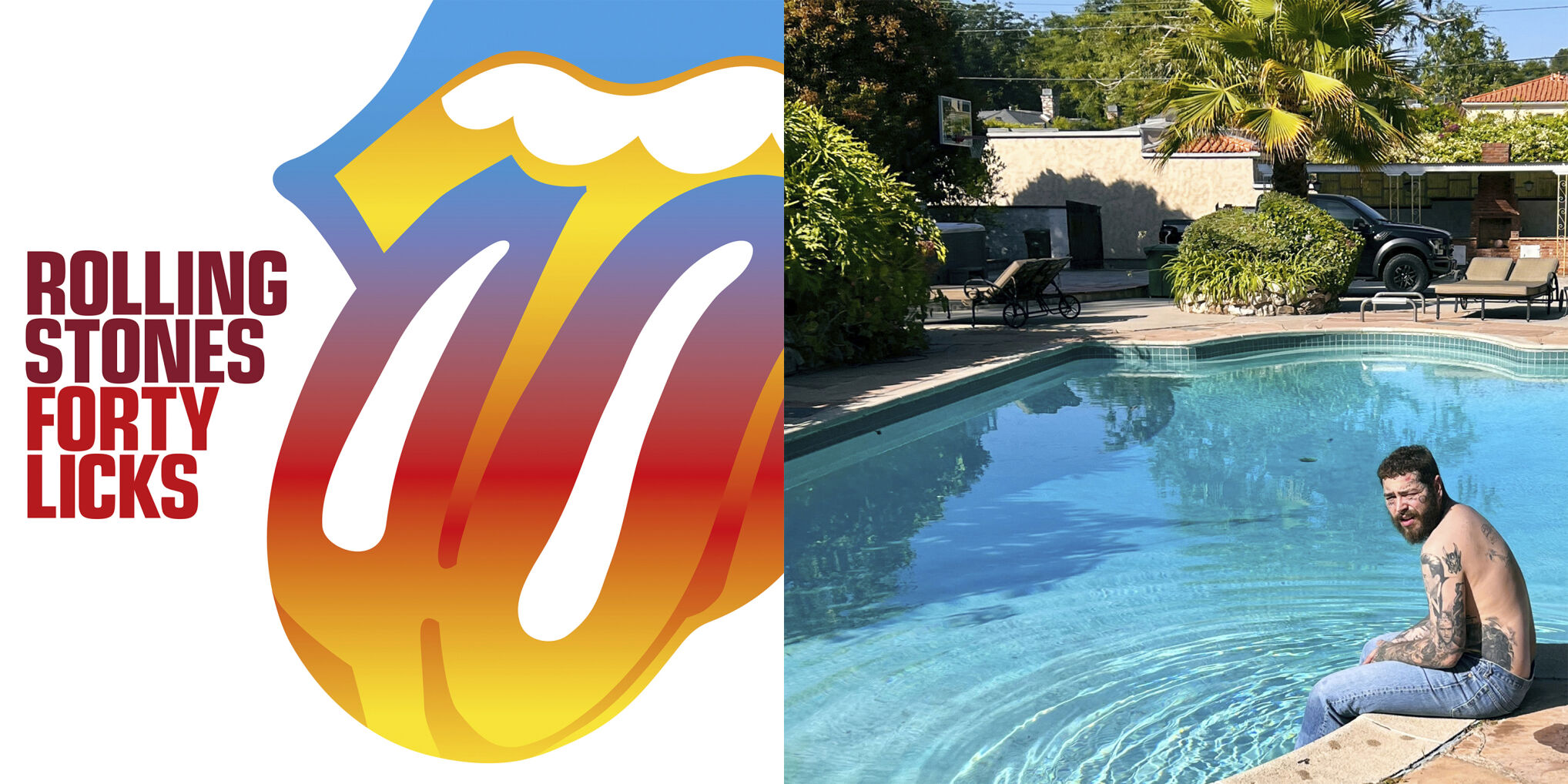 <p>This combination of photos shows "Forty Licks," a reissuing of the 2002 album by The Rolling Stones, left, and “Austin,” a new album by Post Malone. (UMe, left, and Mercury Records/Republic Records via AP)</p>