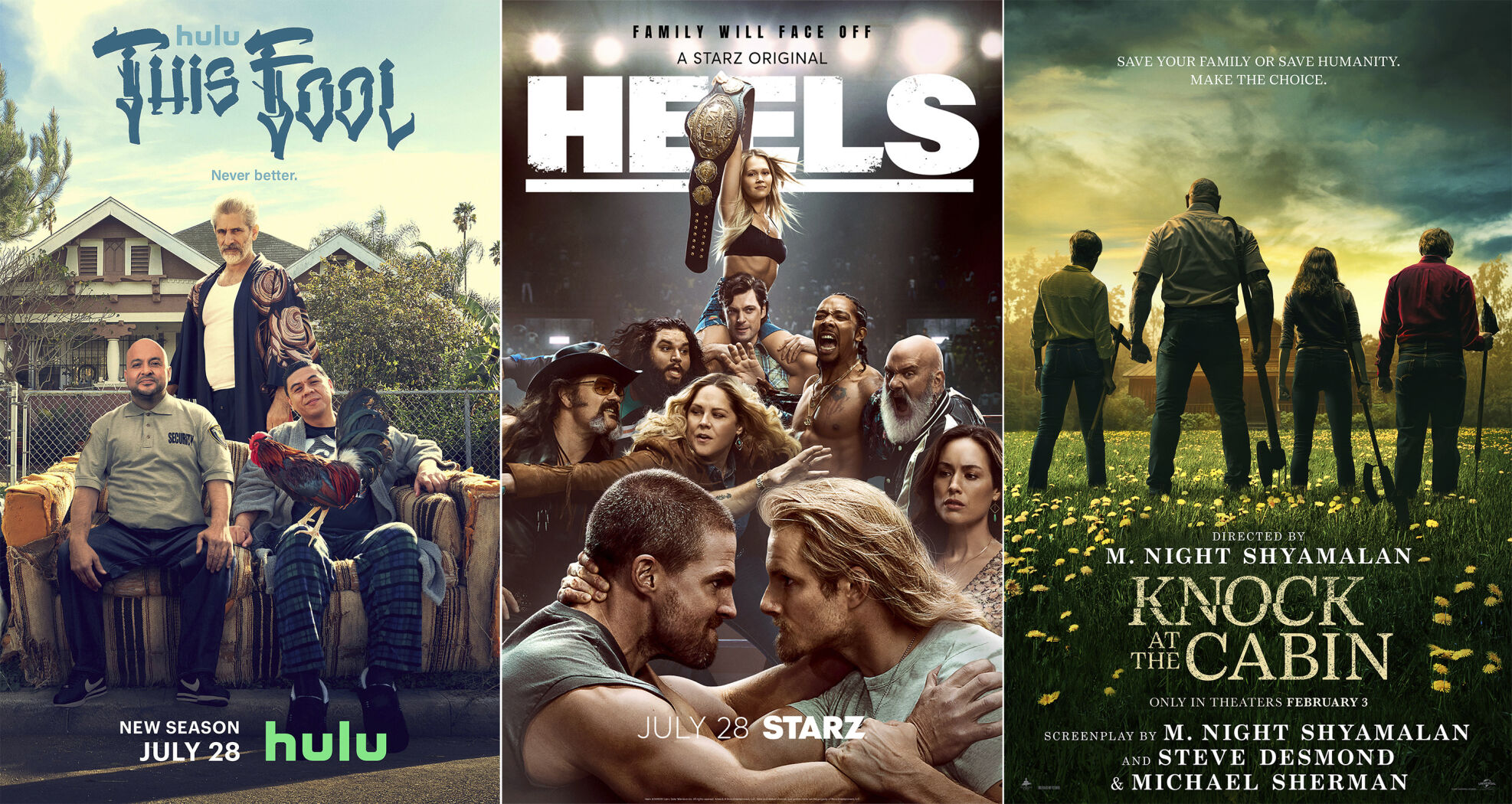 <p>This combination of photos show promotional art for the second season of "This Fool," premiering July 28 on Hulu, left, season two of "Heels," premiering July 28 on Starz, center, and "Knock at the Cabin," a film streaming July 25 on Prime Video. (Hulu/Starz/Amazon/Universal Pictures via AP)</p>