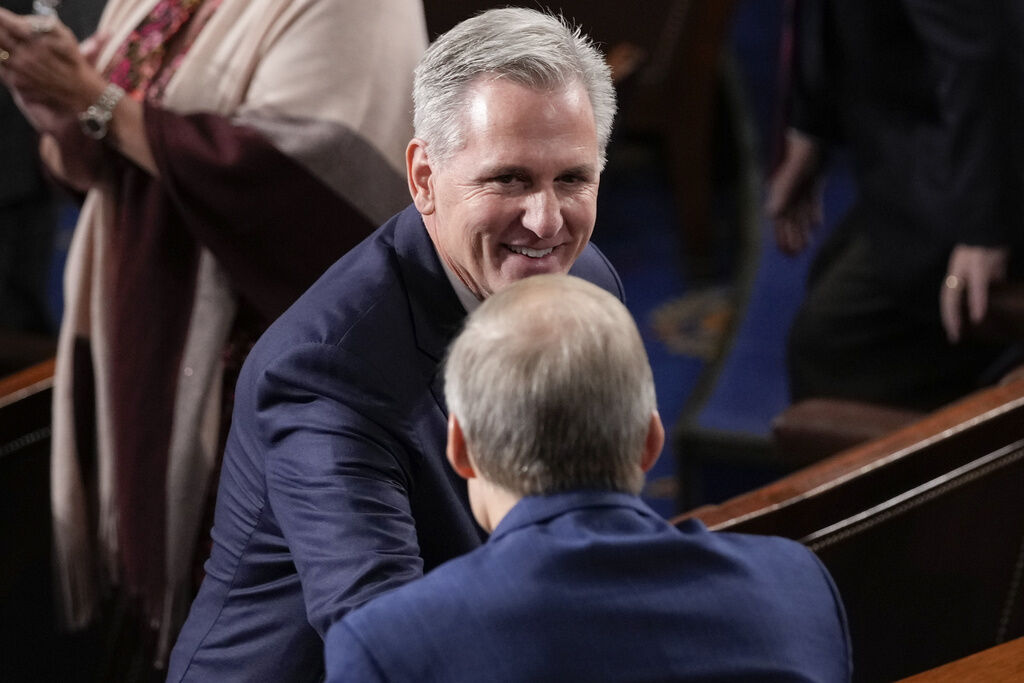 <p>Former Speaker of the House Rep. Kevin McCarthy, R-Calif., shakes hands with Rep. Jim Jordan, R-Ohio, as Republicans try to elect Jordan, a top Donald Trump ally, to be the new House speaker, at the Capitol in Washington, Friday, Oct. 20, 2023. </p>