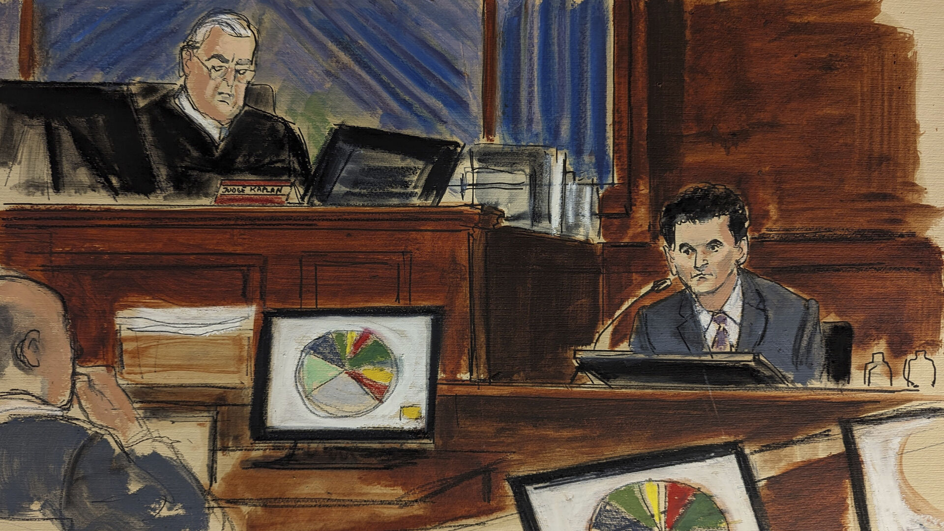 <p>In this courtroom sketch, FTX founder Sam Bankman-Fried, right, testifies as Judge Lewis Kaplan, upper left, presides during Bankman-Fried's trial in Manhattan federal court Tuesday in New York. </p>