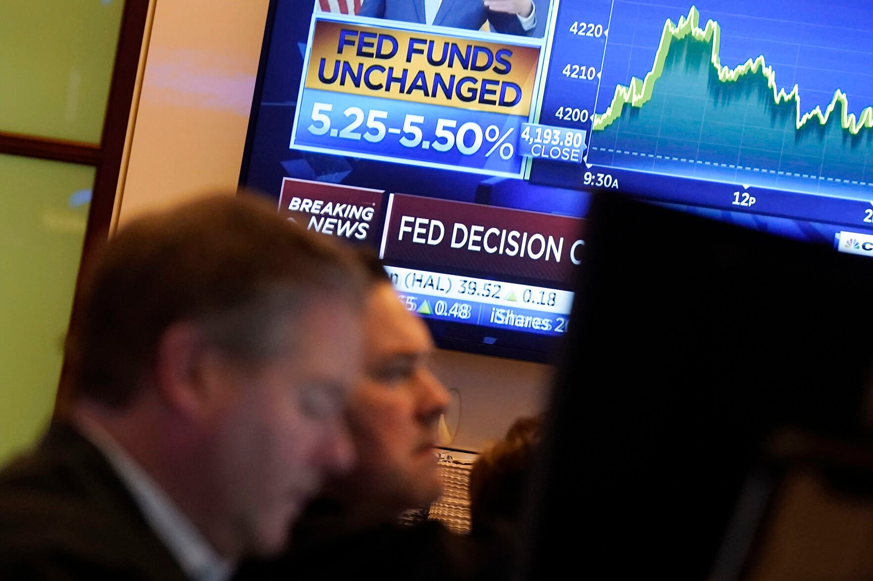 <p>FILE - A television screen shows the rate decision of the Federal Reserve as traders work on the floor of the New York Stock Exchange, Nov. 1, 2023. Inflation has kept slowing, and the economy has withstood the strain of the accumulated higher borrowing costs. On Thursday, Jan. 11, 2024, the Labor Department is expected to report that underlying inflationary pressures eased further in December 2023. (AP Photo/Richard Drew, File)</p>