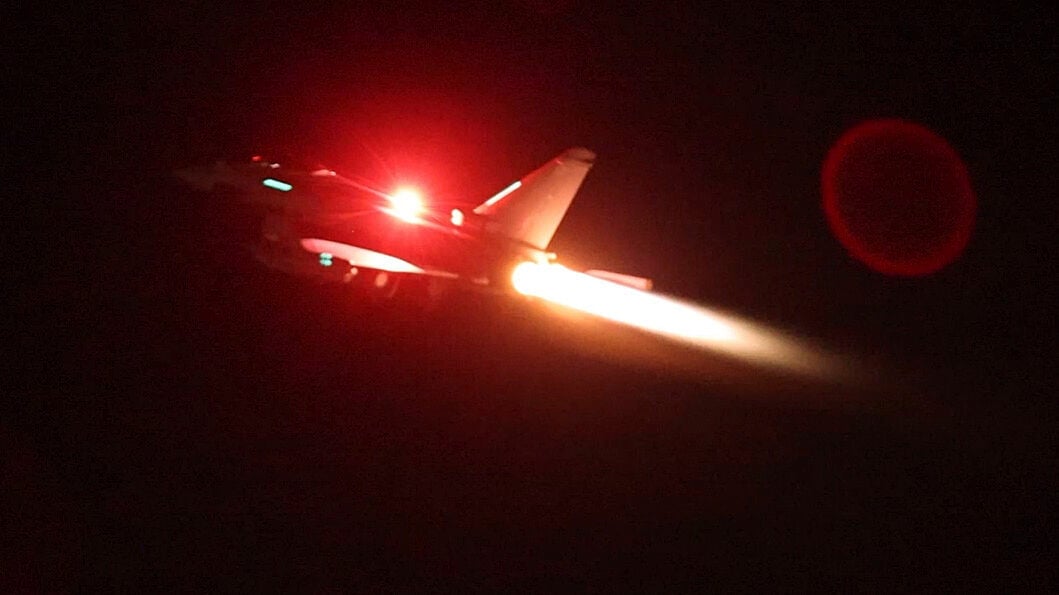 <p>An RAF Typhoon aircraft takes off Thursday in Cyprus for a mission to strike targets in Yemen.  </p>