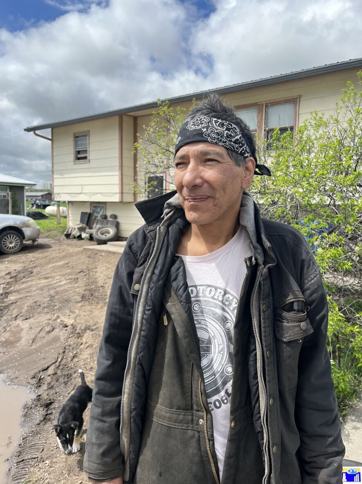 <p>Weldon Poor Bear stands in the front yard of his home in Parmelee, South Dakota, on the Rosebud Indian Reservation, in May 2023. Five years earlier, Poor Bear was in the same yard, witnessing a police chase the ended with his unarmed son fatally shot by a Rosebud tribal police officer. </p>