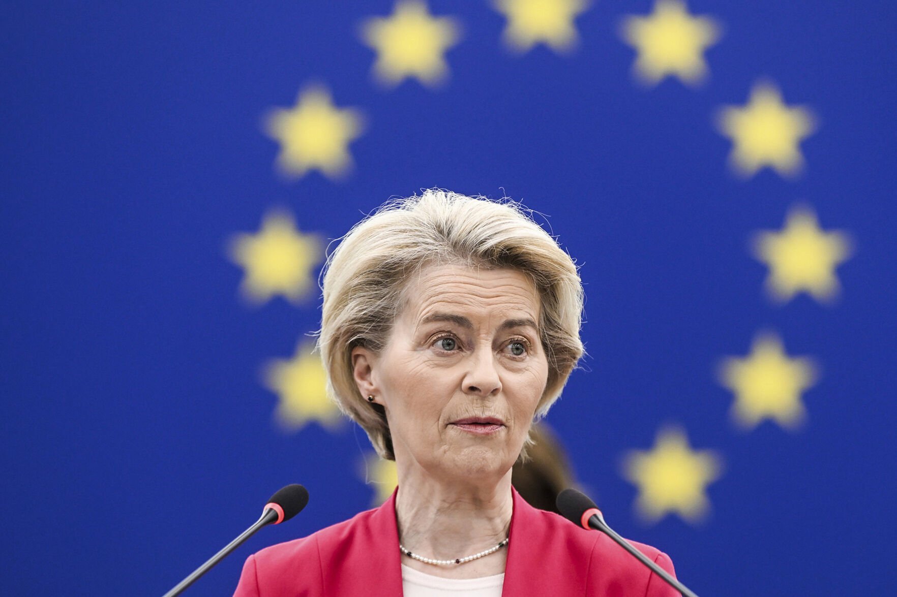 <p>European Commission president Ursula von der Leyen addresses European Parliament members Tuesday on new plans to ramp up defense spending at the European Parliament in Strasbourg, eastern France.</p>