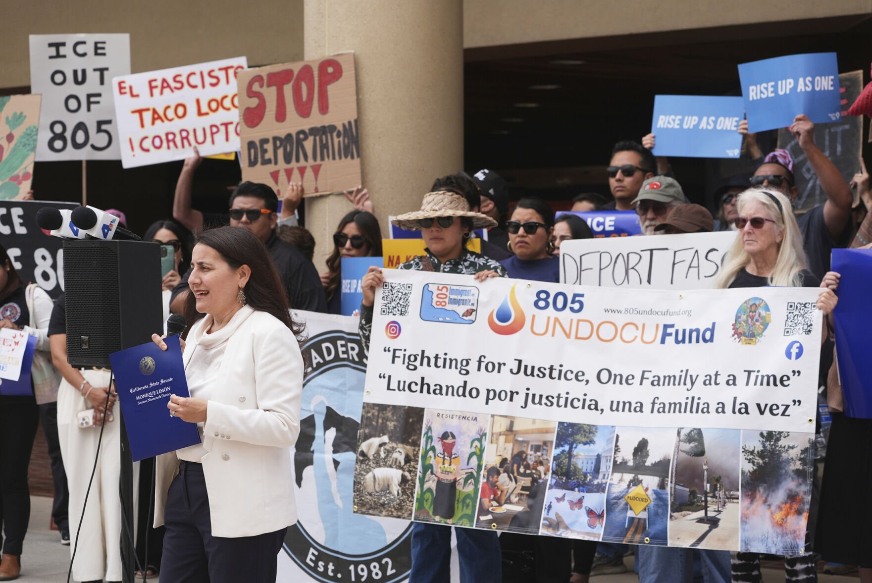 <p>Sen. Monique Limón, D-Calif., speaks Thursday during a rally denouncing ICE raids in Ventura, Calif.</p>