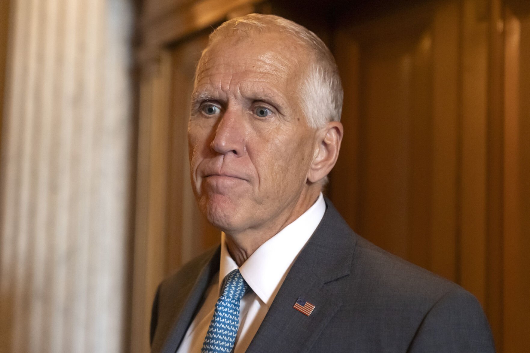 <p>Sen. Thomas Tillis, R-N.C., speaks to reporters as Republicans begin a final push to advance President Donald Trump's tax breaks and spending cuts package, at the Capitol in Washington, June 30.</p>