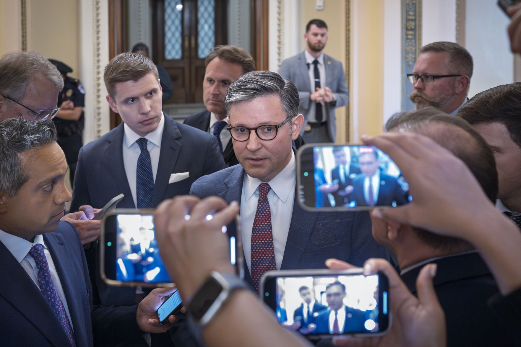 <p>Speaker of the House Mike Johnson, R-La., stops to answer reporters about calls to release documents related to Jeffrey Epstein, at the Capitol in Washington, July 21.</p>