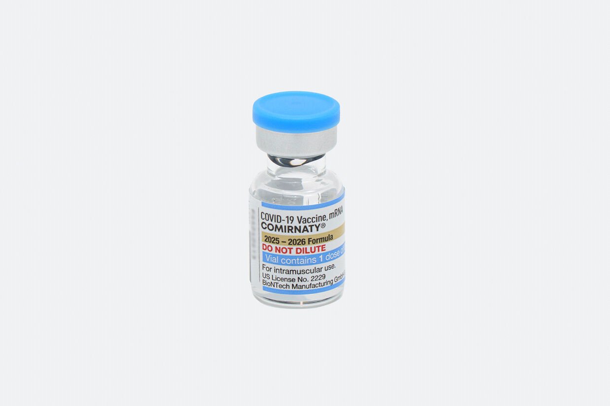 <p>This photo provided by Pfizer in August 2025 shows a vial of the updated COVID-19 vaccine Comirnaty. (Pfizer via AP)</p>