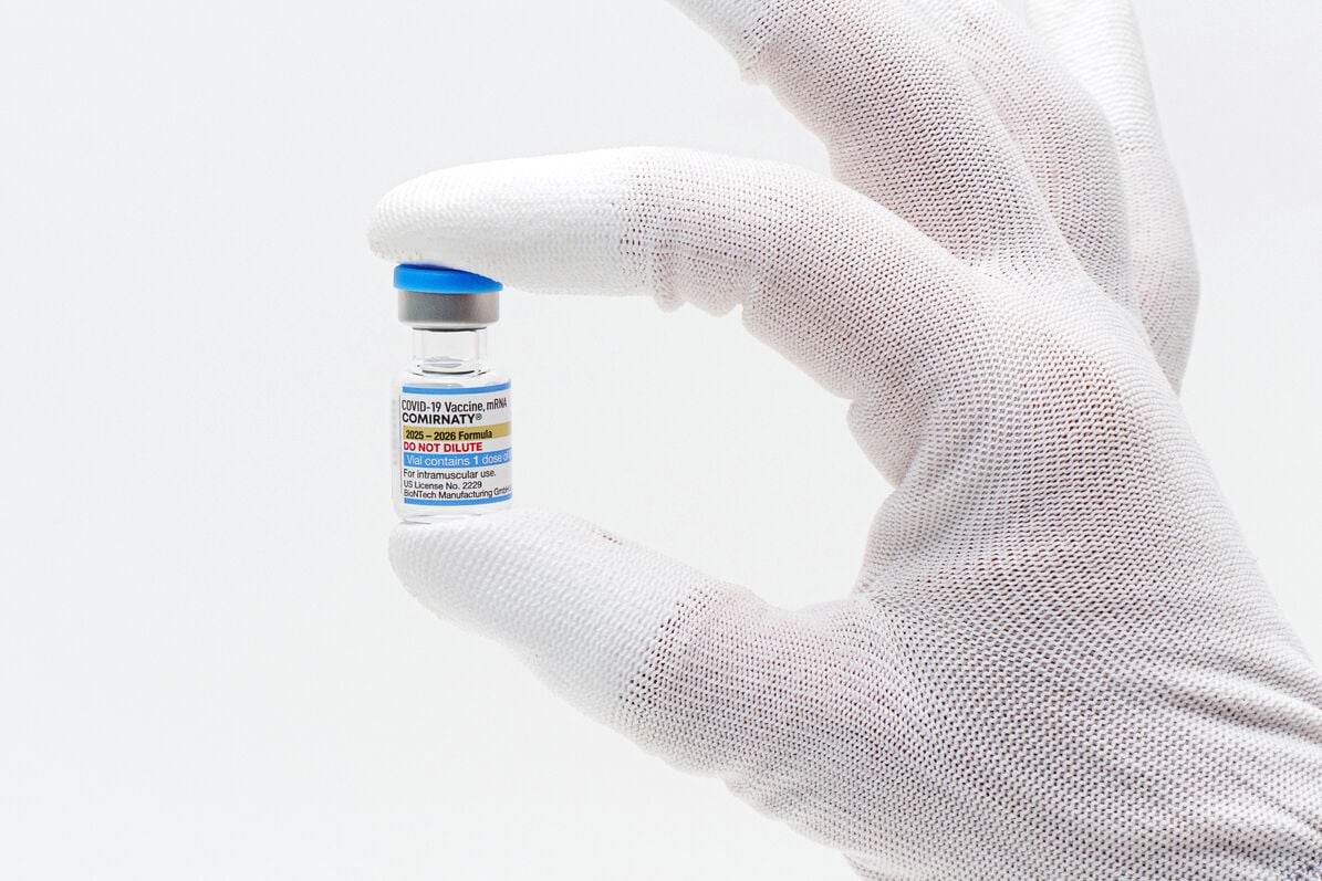 <p>This photo provided by Pfizer in August 2025 shows a vial of the updated COVID-19 vaccine Comirnaty. (Pfizer via AP)</p>