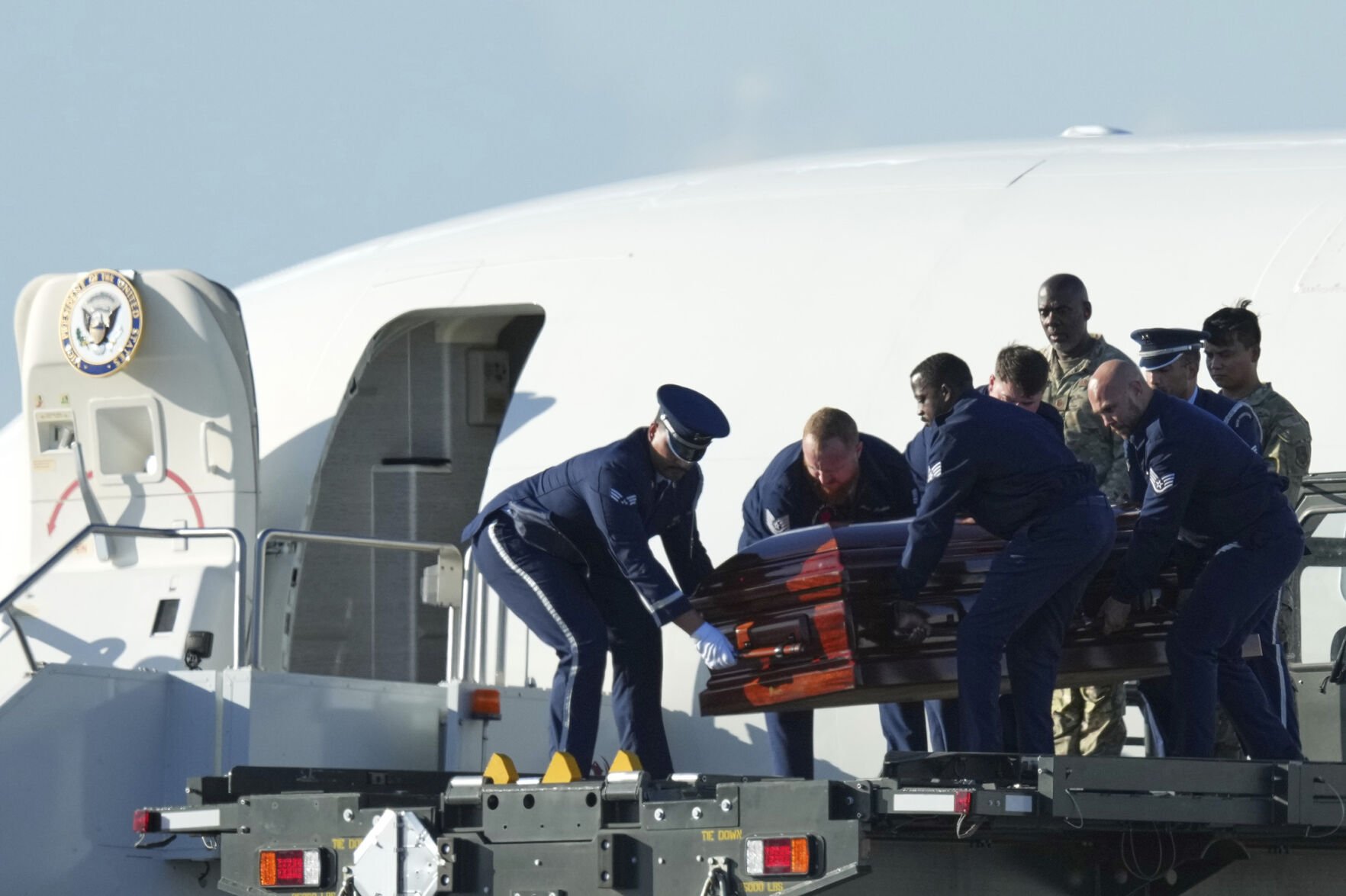 <p>The casket containing the body of Charlie Kirk is removed from Air Force Two on Thursday at Phoenix Sky Harbor International Airport in Phoenix. </p>