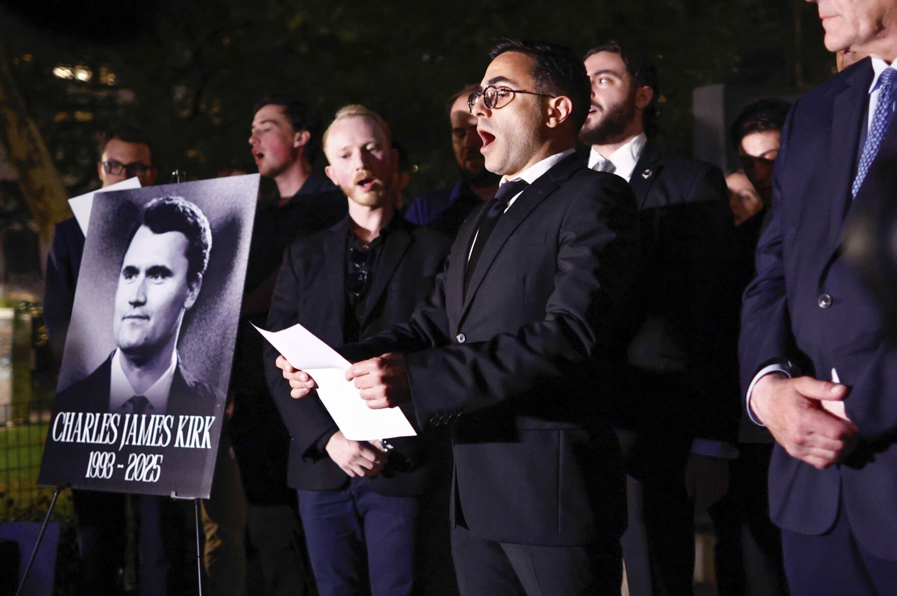 <p>The New York Young Republicans Club holds a vigil Friday for Turning Point USA CEO and co-founder Charlie Kirk at Madison Square Park in New York.</p>