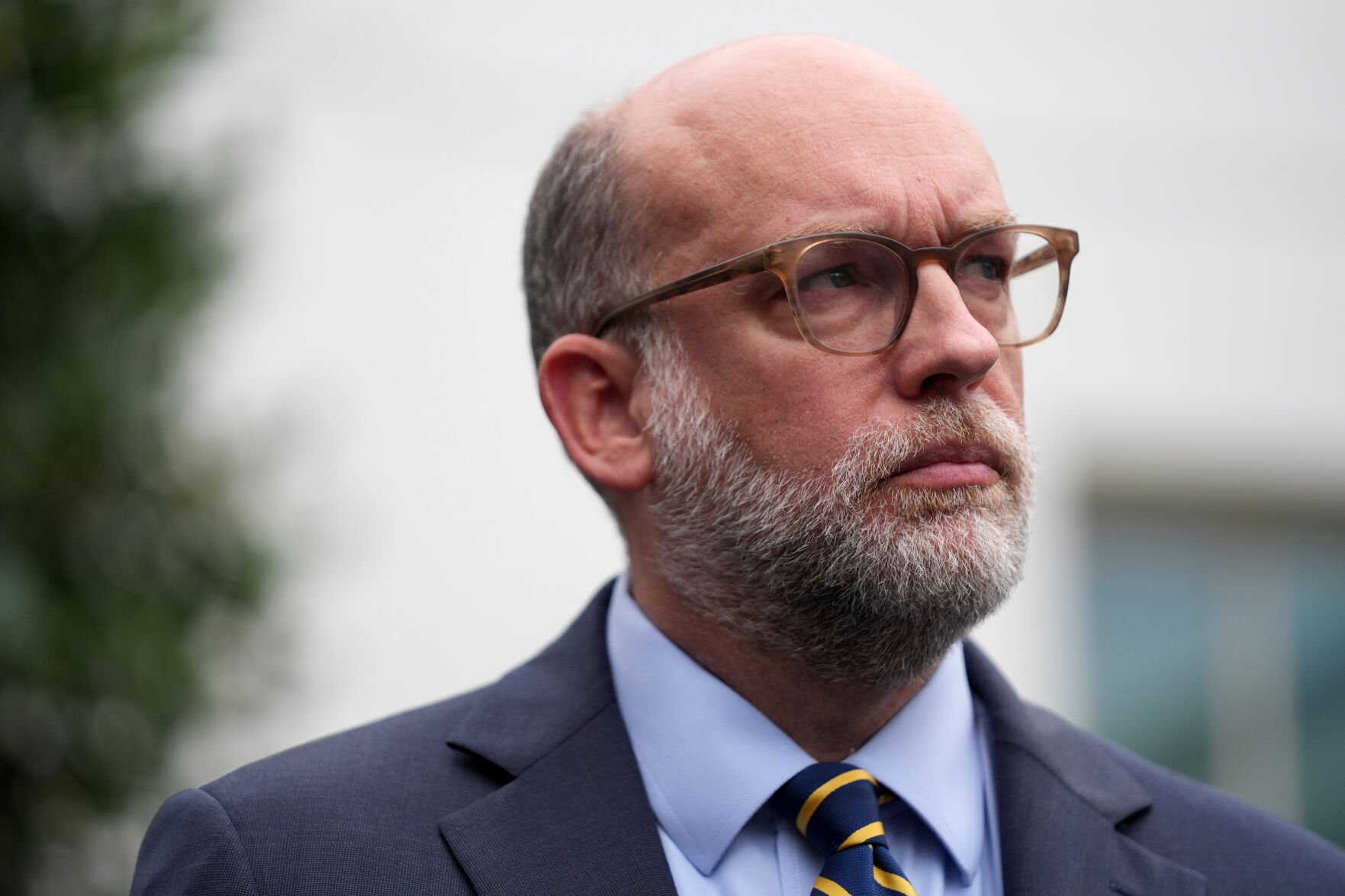 <p>Russell Vought, Office of Management and Budget director, listens as he addresses members of the media outside the West Wing at the White House in Washington, Sept. 29, in Washington.</p>