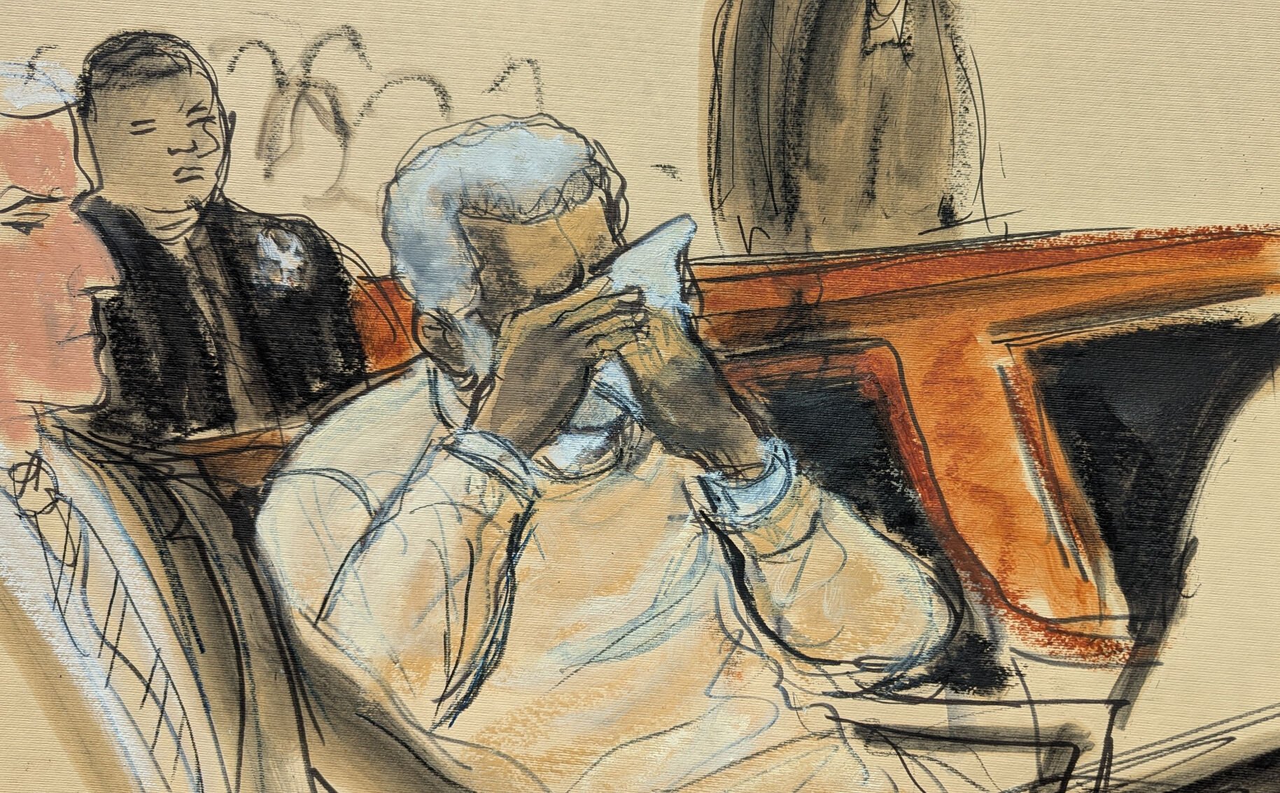 <p>In this courtroom sketch, Sean Diddy Combs breaks down and cries during the playing of a video about his life during his sentencing hearing in Manhattan federal court, Friday, Oct. 3, 2025, in New York. (Elizabeth Williams via AP)</p>
