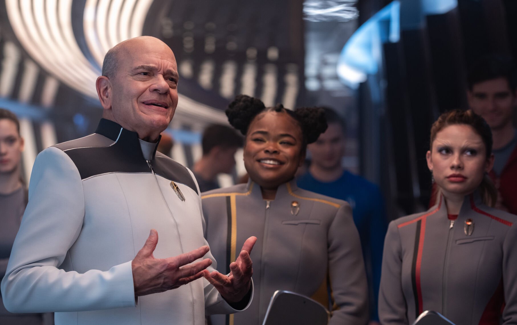 <p>From left, Robert Picardo, Kerrice Brooks and Bella Shepard star in "Star Trek: Starfleet Academy."</p>