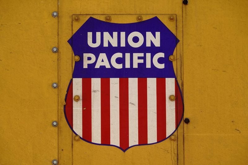 <p>Union Pacific livery on the side of a cargo locomotive is pictured at Union Station in Los Angeles, Sept. 15, 2022.</p>