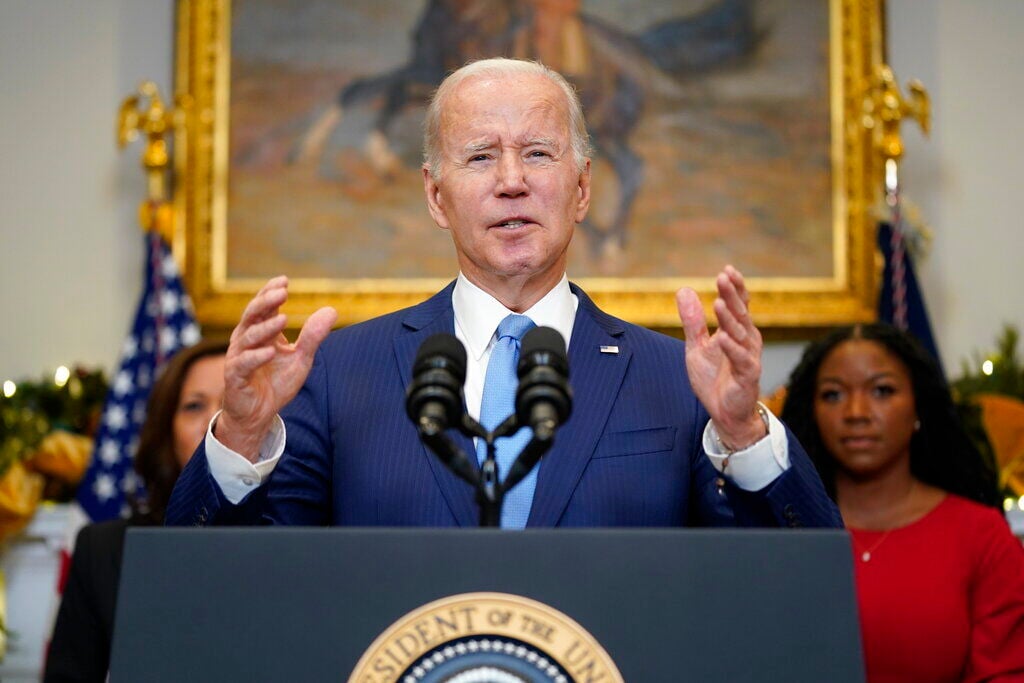<p>President Joe Biden speaks in the Roosevelt Room of the White House, Thursday, Dec. 8, 2022, in Washington. With the President from left, Vice President Kamala Harris and Cherelle Griner, Brittney Griner's wife. </p>