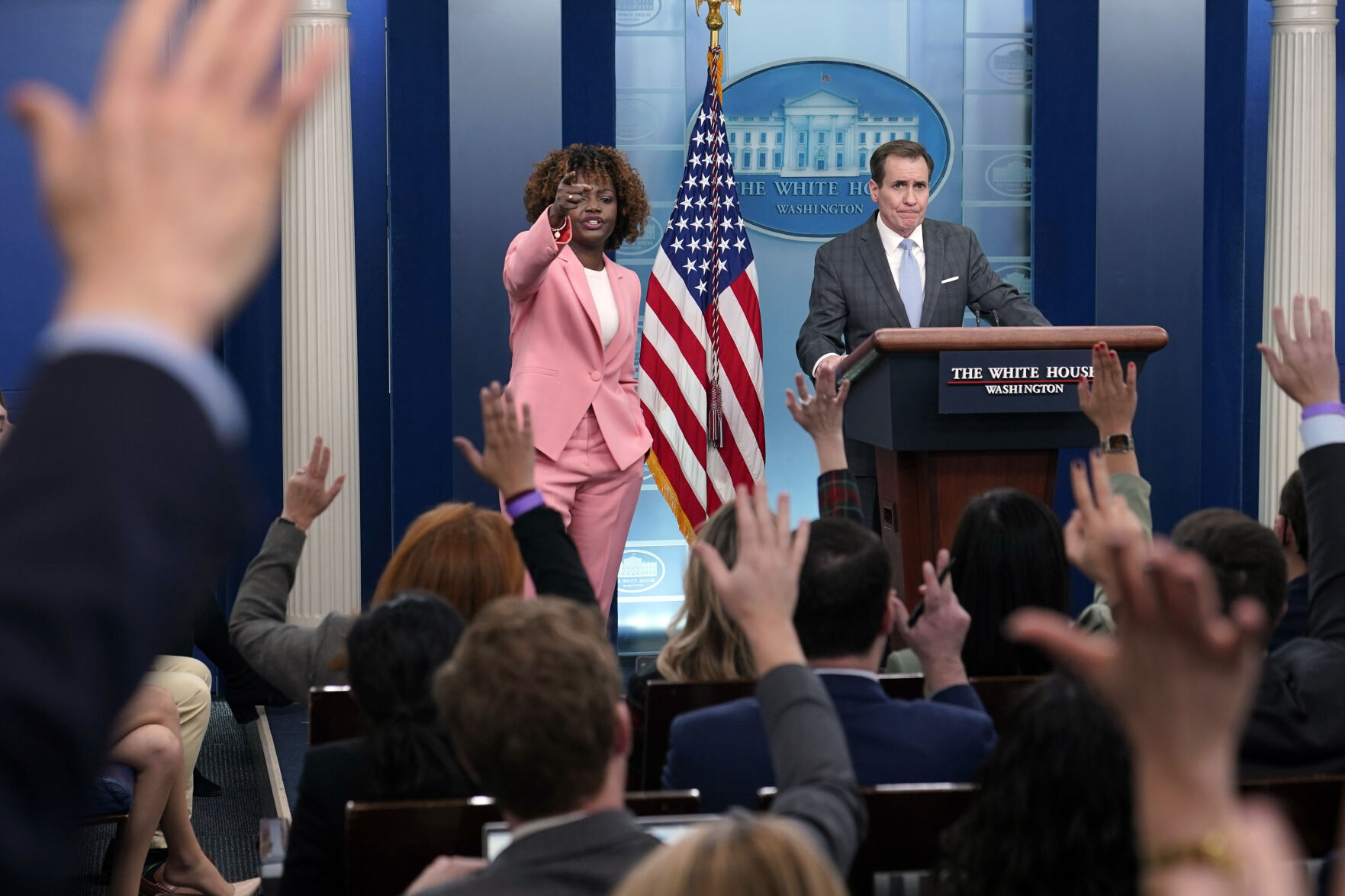 <p>White House press secretary Karine Jean-Pierre, left, calls on a reporter during a briefing with National Security Council spokesman John Kirby right, at the White House in Washington, Friday, Feb. 10, 2023. (AP Photo/Susan Walsh)</p>