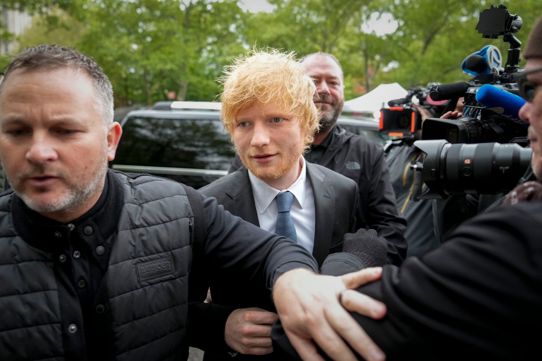 <p>Recording artist Ed Sheeran arrives to New York Federal Court as proceedings continue in his copyright infringement trial, Thursday, May 4, 2023, in New York.</p>