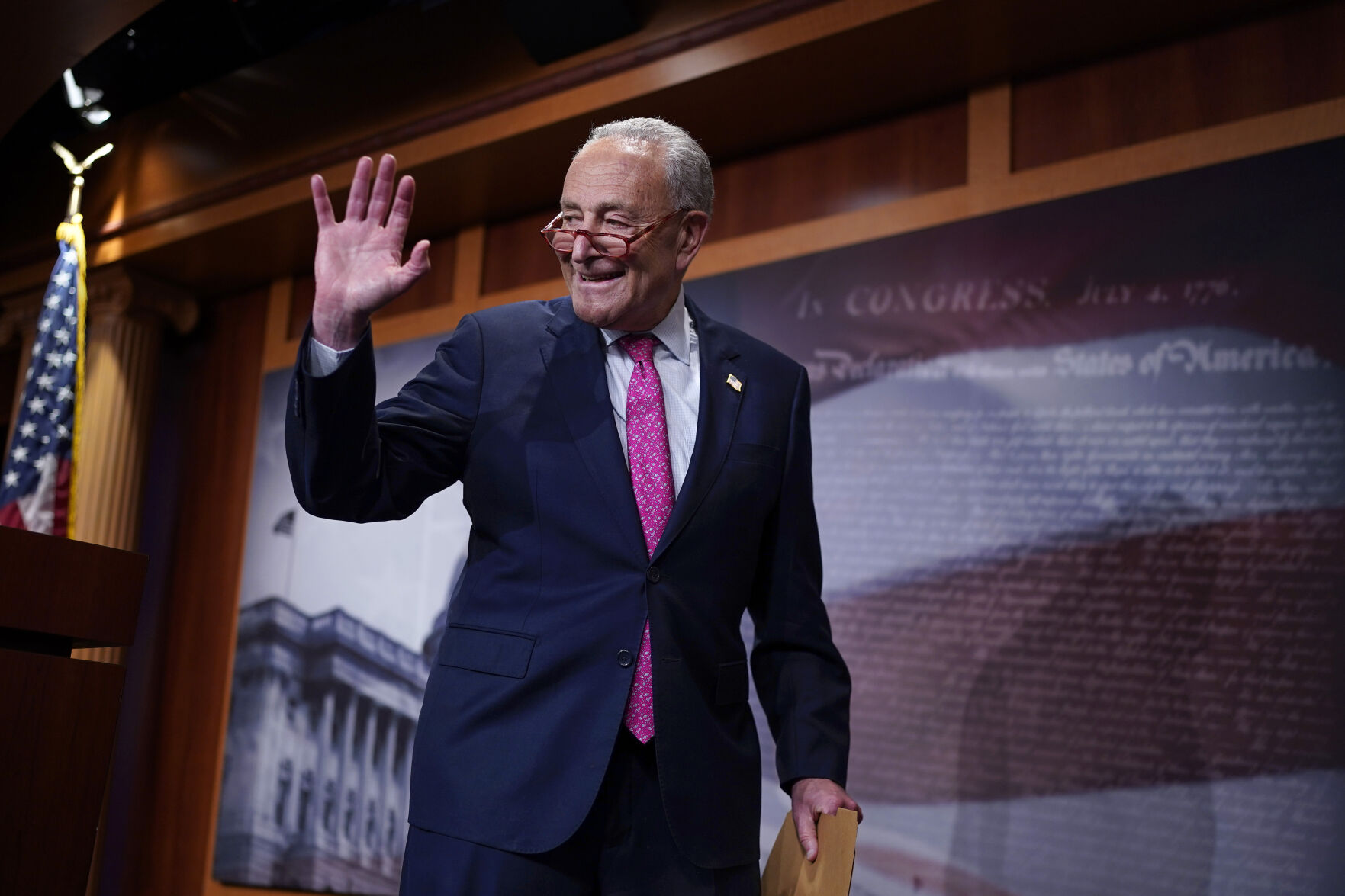<p>Senate Majority Leader Chuck Schumer, D-N.Y., says good night after speaking to reporters following a hectic series of amendment votes and final passage on the big debt ceiling and budget cuts package, at the Capitol in Washington, Thursday, June 1, 2023. The legislation now goes to President Joe Biden's desk to become law before the fast-approaching default deadline. (AP Photo/J. Scott Applewhite)</p>